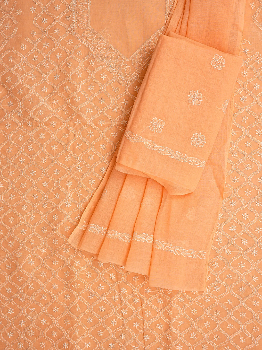 Ada Hand Embroidered Peach Cotton Lucknowi Chikankari Unstitched Suit Piece 01A853581