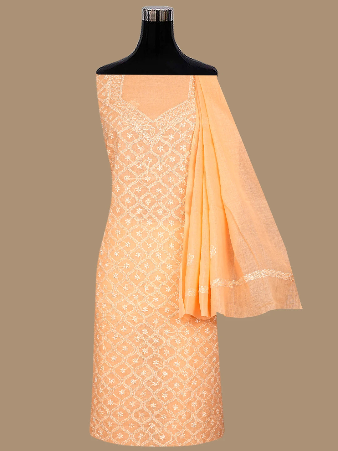 Ada Hand Embroidered Peach Cotton Lucknowi Chikankari Unstitched Suit Piece 01A853581