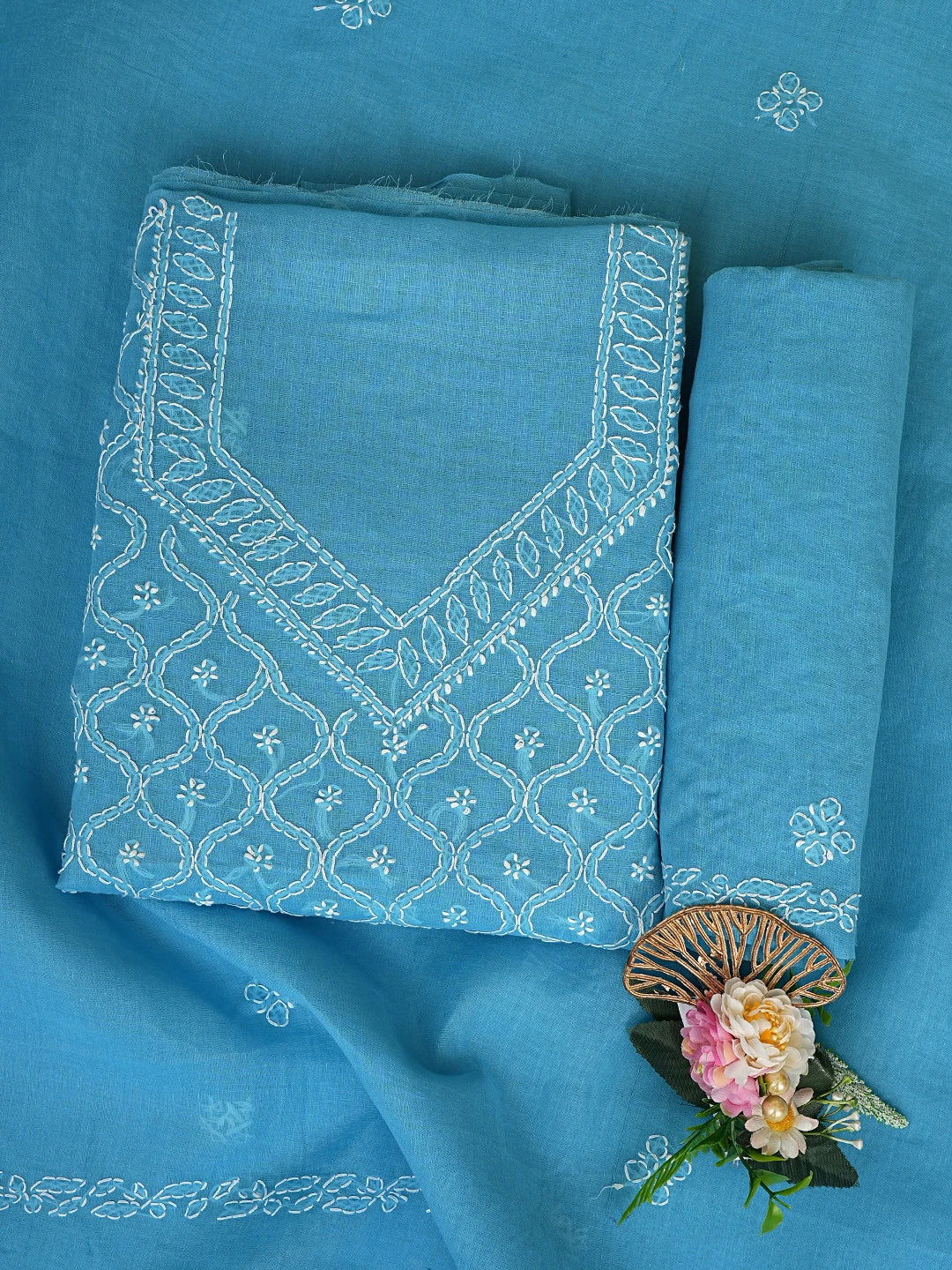 Ada Hand Embroidered Dark Blue Cotton Lucknowi Chikankari Unstitched Suit Piece 01A853556