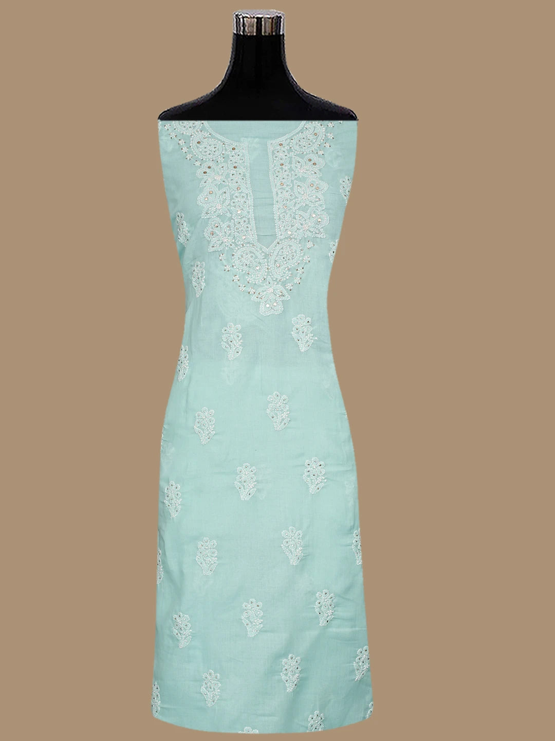 Ada Hand Embroidered Sea Green Cotton Lucknowi Chikankari Unstitched Suit Piece With Mukaish Work 01A677398