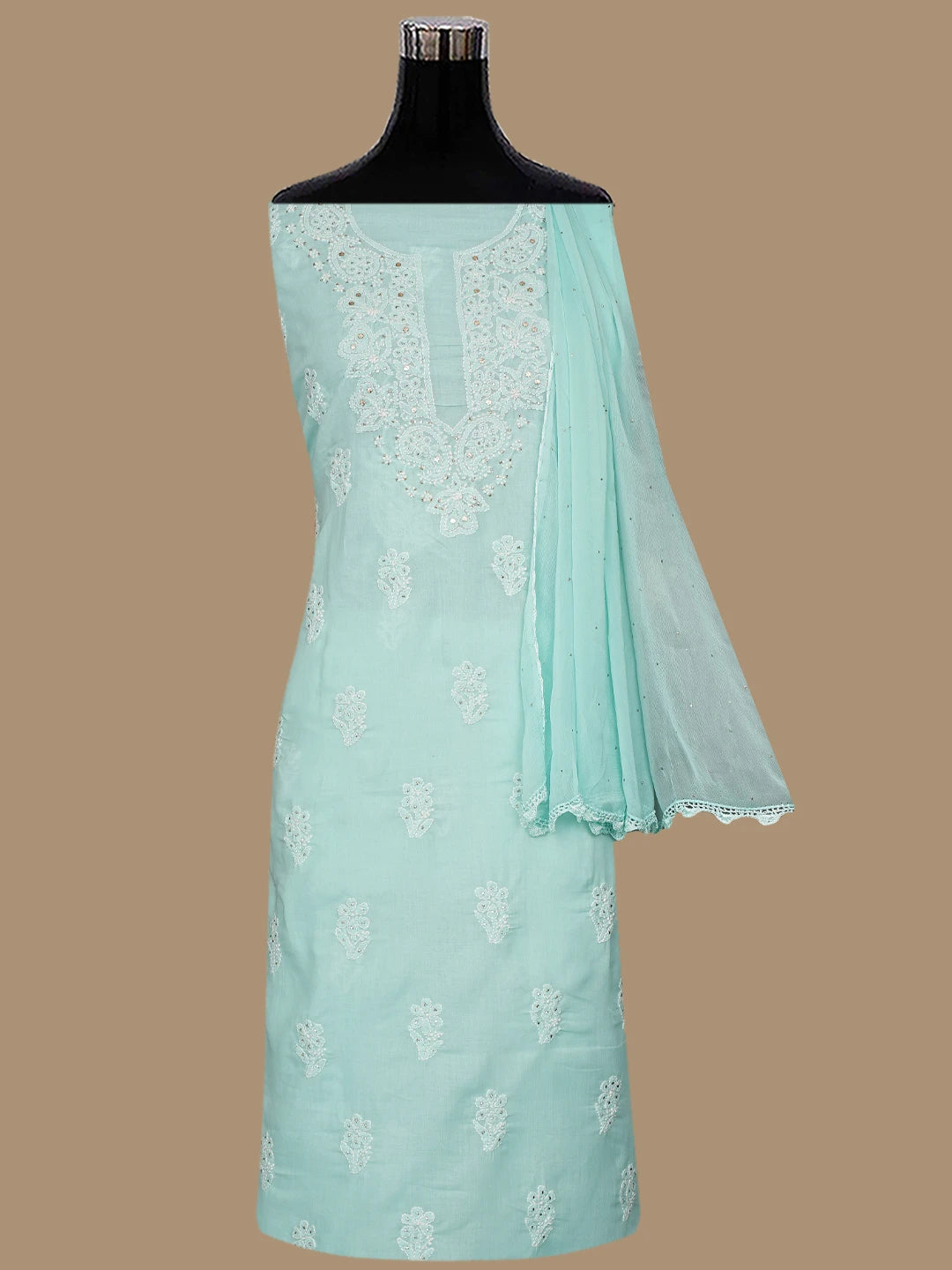 Ada Hand Embroidered Sea Green Cotton Lucknowi Chikankari Unstitched Suit Piece With Mukaish Work 01A677398