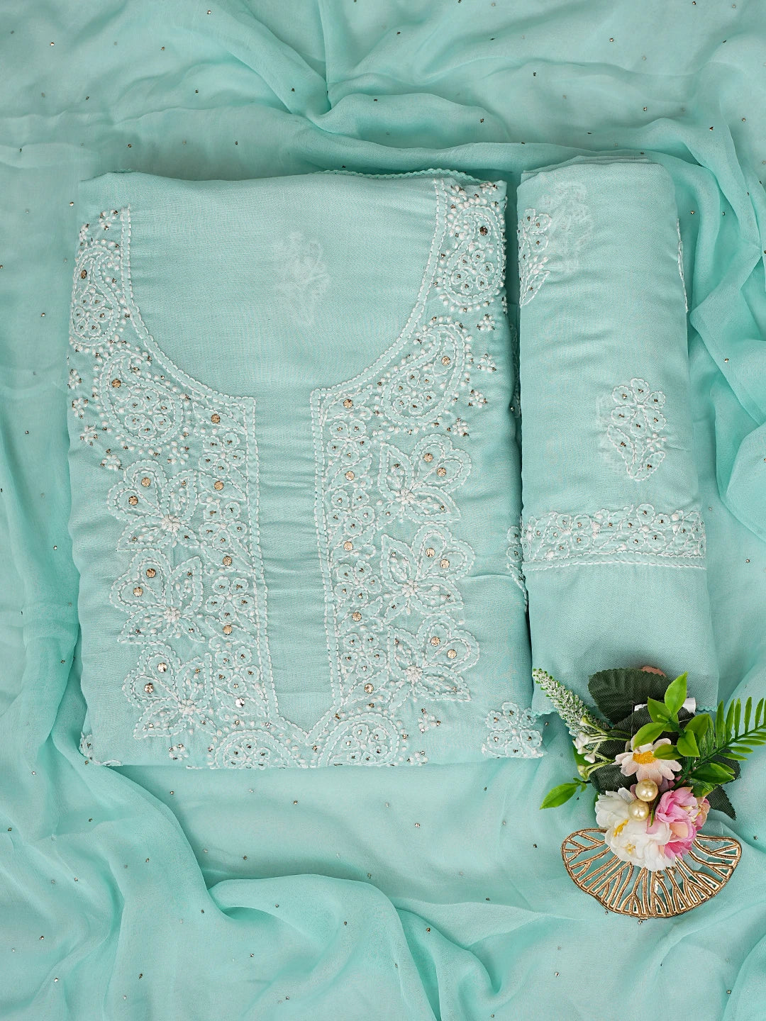Ada Hand Embroidered Sea Green Cotton Lucknowi Chikankari Unstitched Suit Piece With Mukaish Work 01A677398