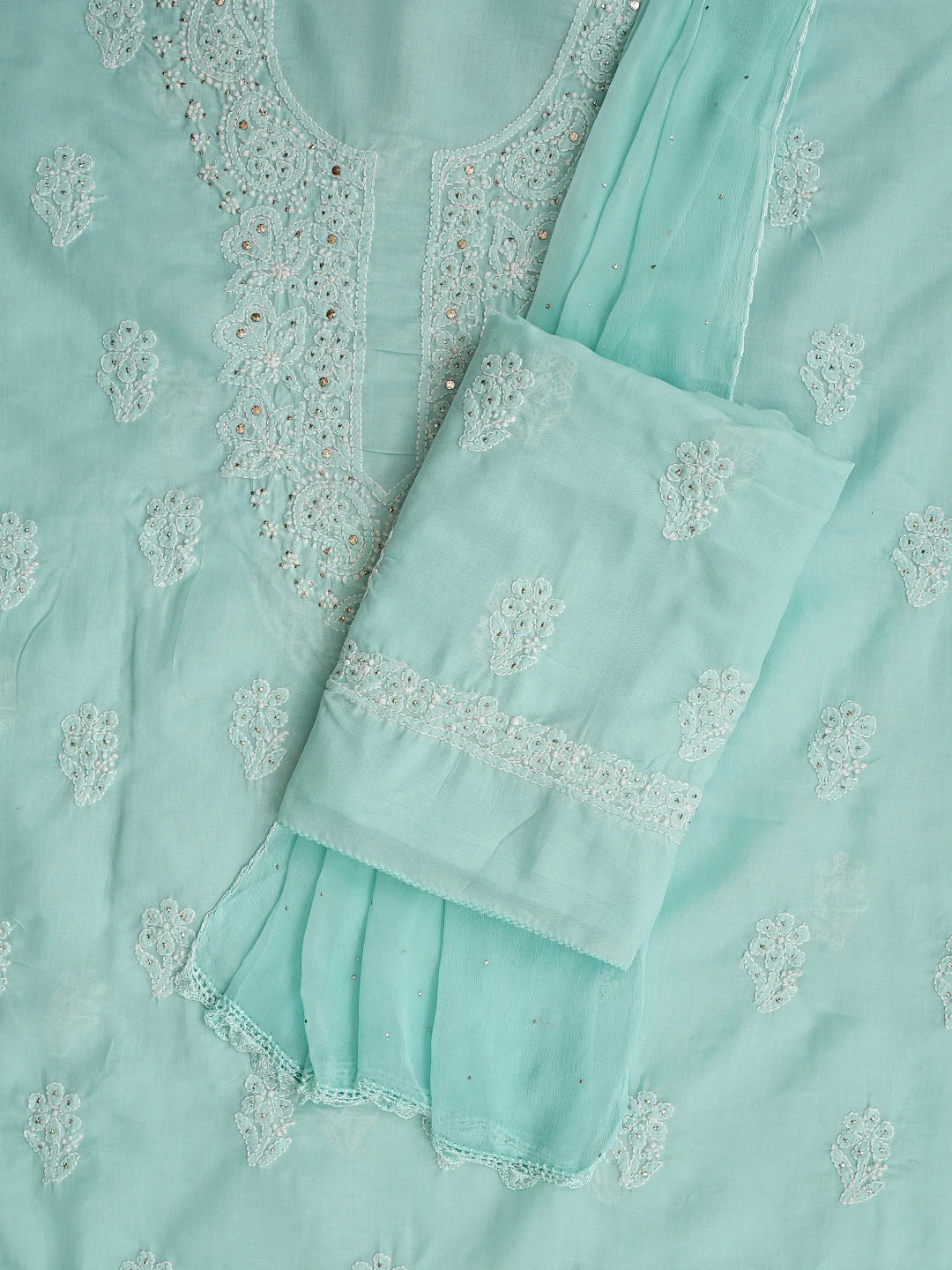 Ada Hand Embroidered Sea Green Cotton Lucknowi Chikankari Unstitched Suit Piece With Mukaish Work 01A677398