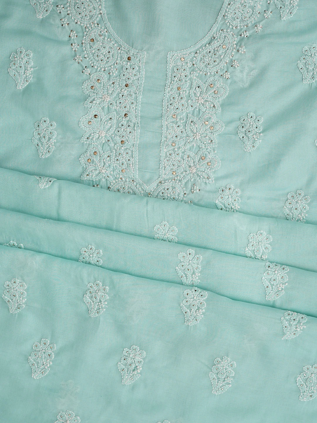 Ada Hand Embroidered Sea Green Cotton Lucknowi Chikankari Unstitched Suit Piece With Mukaish Work 01A677398