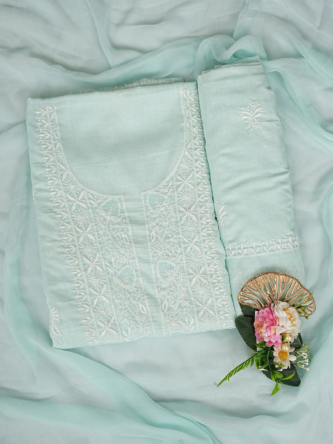 Ada Hand Embroidered Light Sea Green Cotton Lucknowi Chikankari Unstitched Suit Piece 01A773699