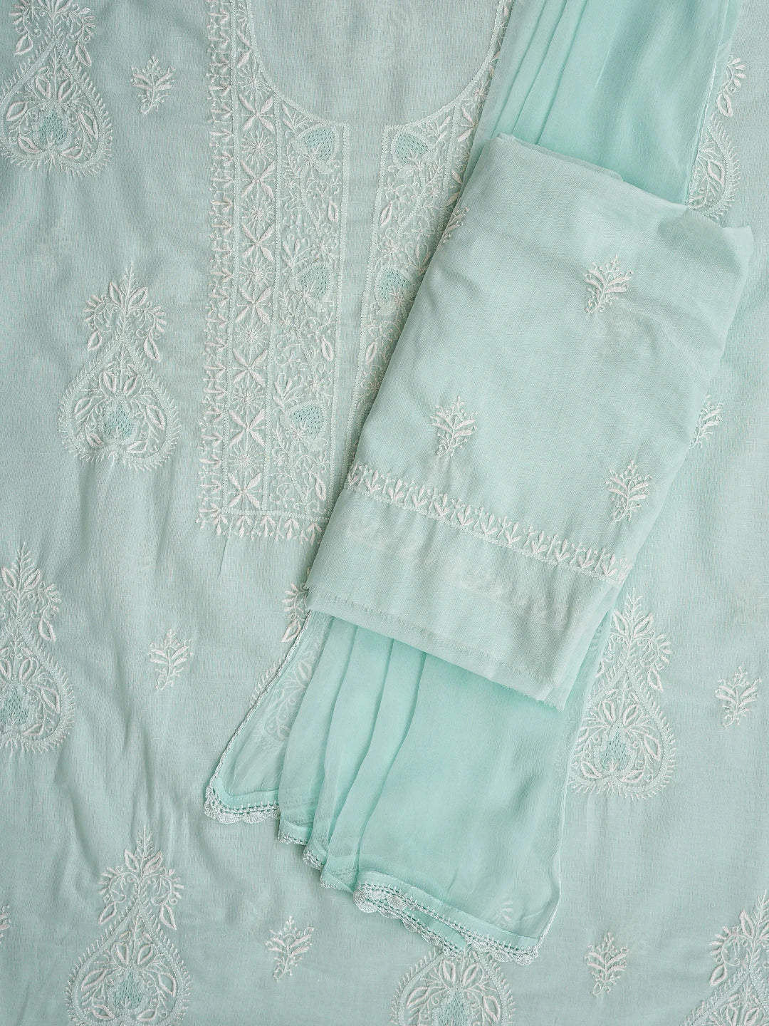Ada Hand Embroidered Light Sea Green Cotton Lucknowi Chikankari Unstitched Suit Piece 01A773699