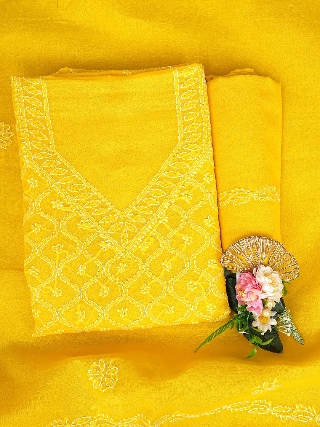 Ada Hand Embroidered Yellow Cotton Lucknowi Chikankari Unstitched Suit Piece 01A853579