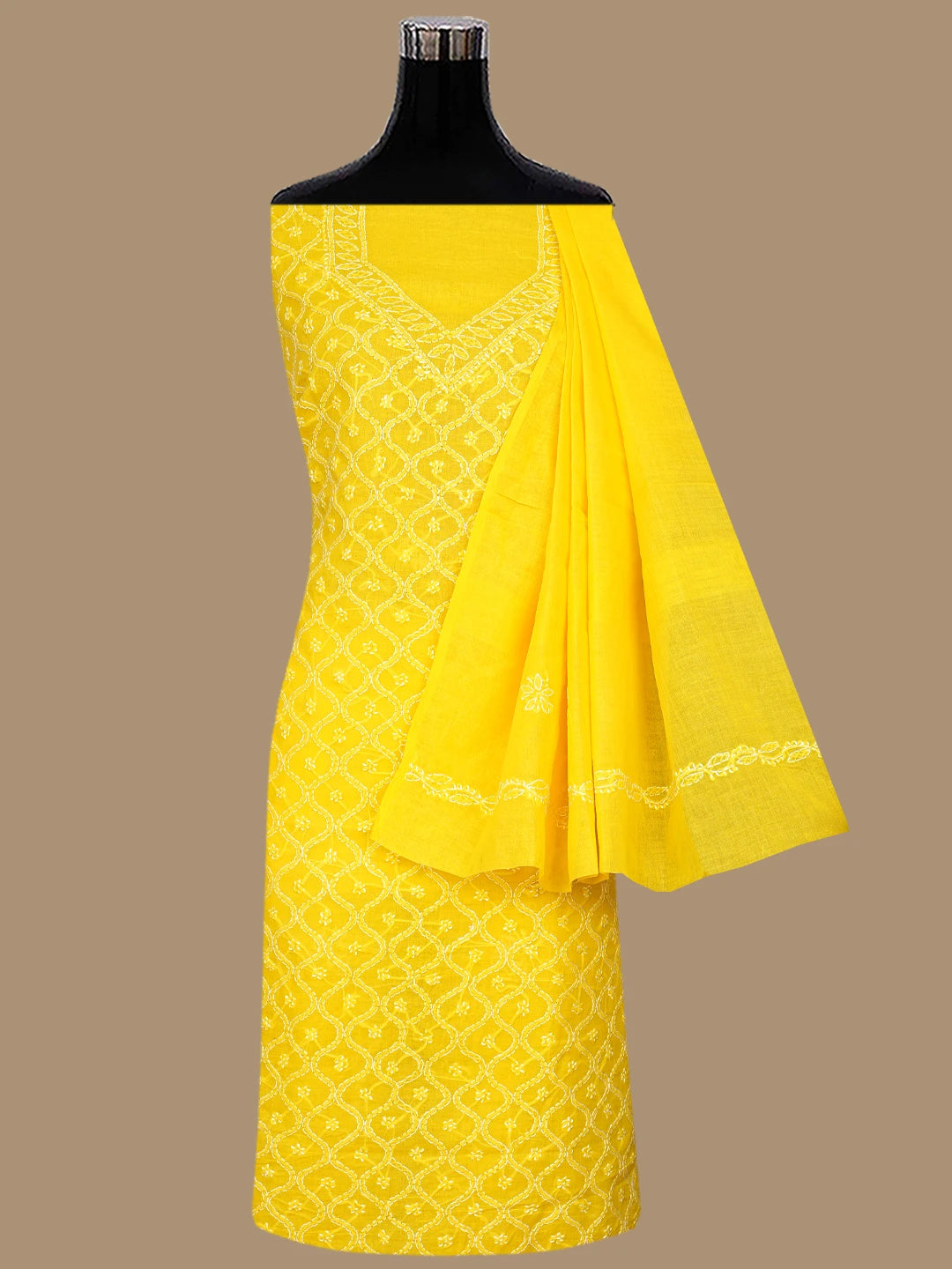 Ada Hand Embroidered Yellow Cotton Lucknowi Chikankari Unstitched Suit Piece 01A853579