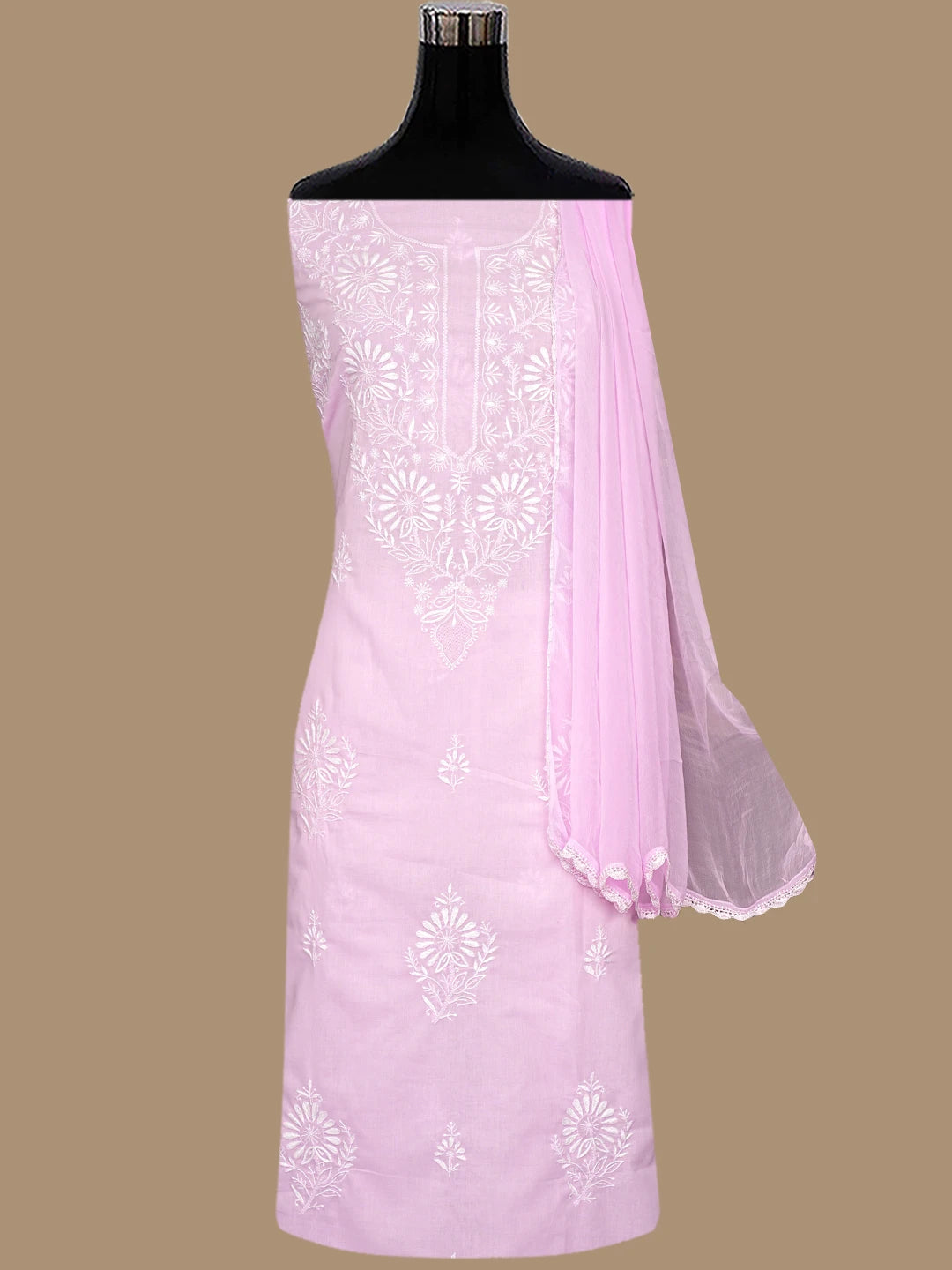 Ada Hand Embroidered Powder Pink Cotton Lucknowi Chikankari Unstitched Suit Piece 01A762936