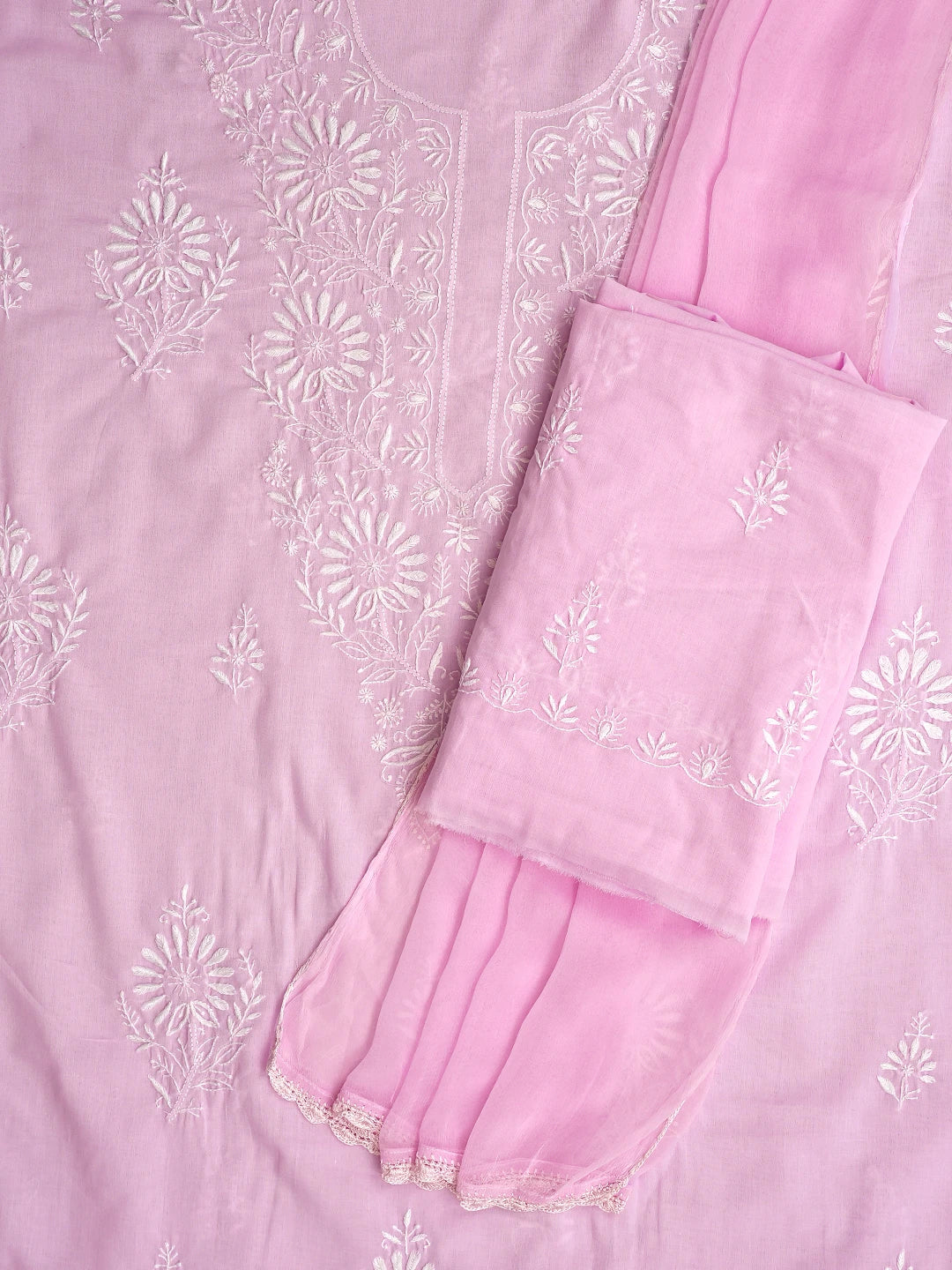 Ada Hand Embroidered Powder Pink Cotton Lucknowi Chikankari Unstitched Suit Piece 01A762936