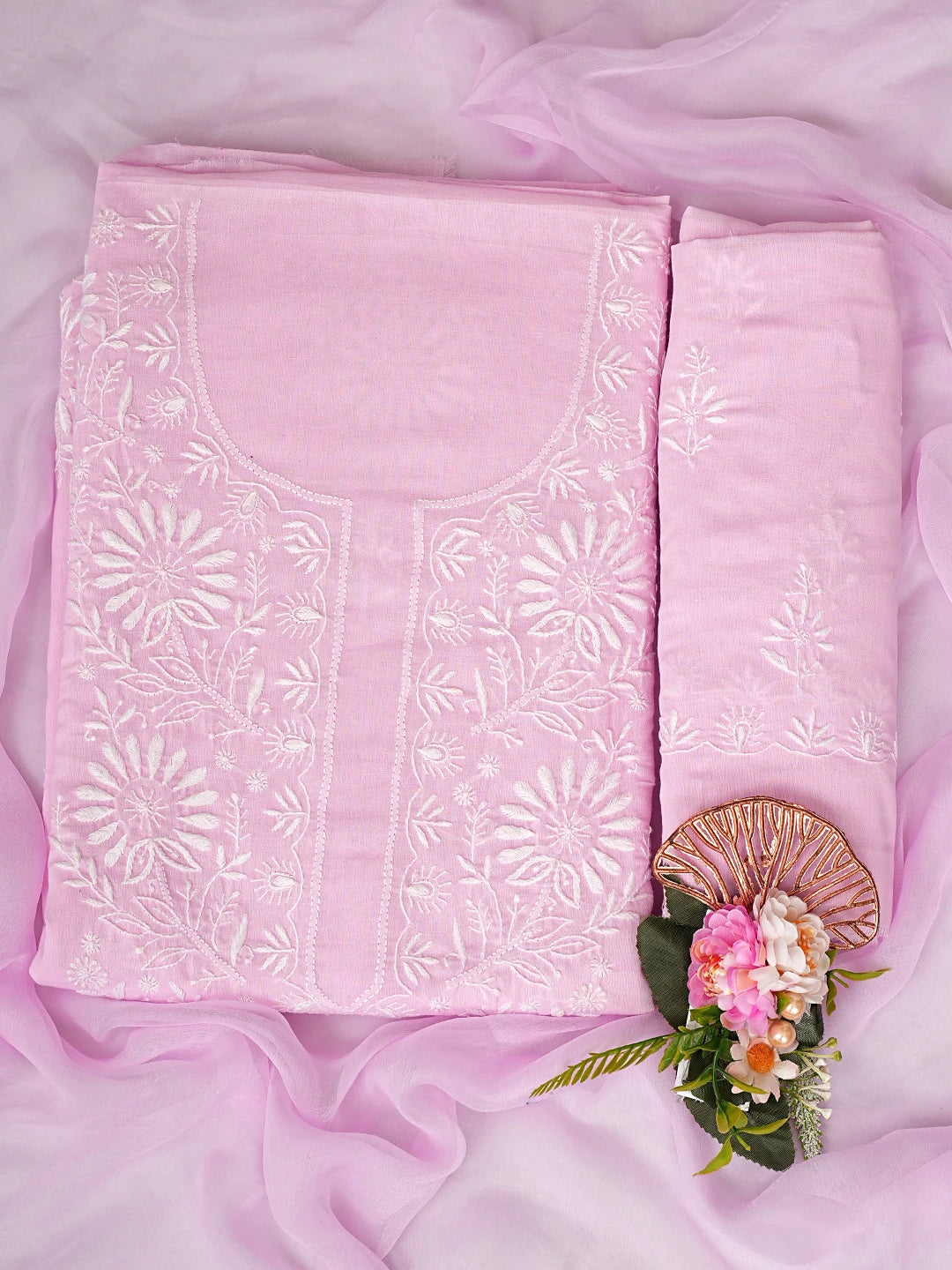 Ada Hand Embroidered Powder Pink Cotton Lucknowi Chikankari Unstitched Suit Piece 01A762936