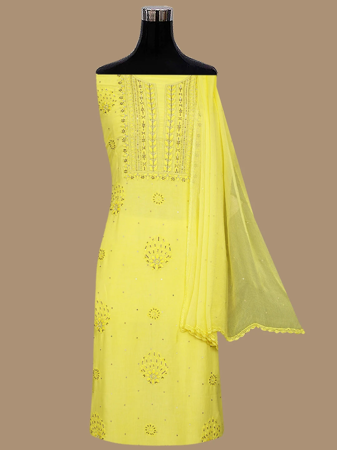 Ada Hand Embroidered Yellow Modal Lucknowi Chikankari Unstitched Kurta Dupatta Set With Pearl Work 01A483585