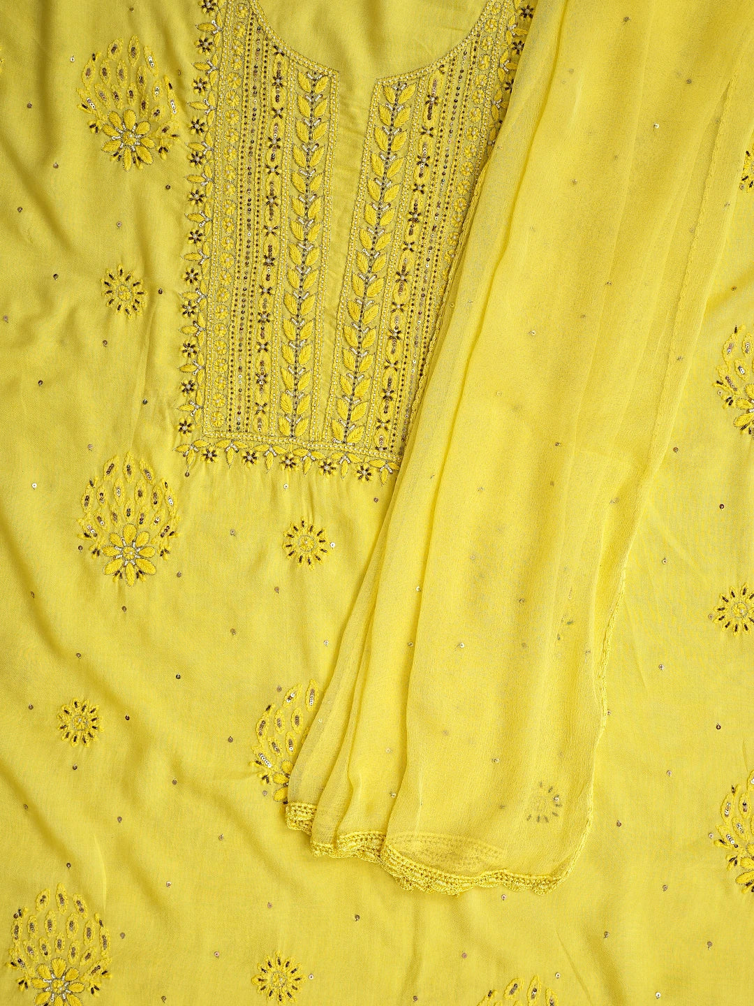 Ada Hand Embroidered Yellow Modal Lucknowi Chikankari Unstitched Kurta Dupatta Set With Pearl Work 01A483585