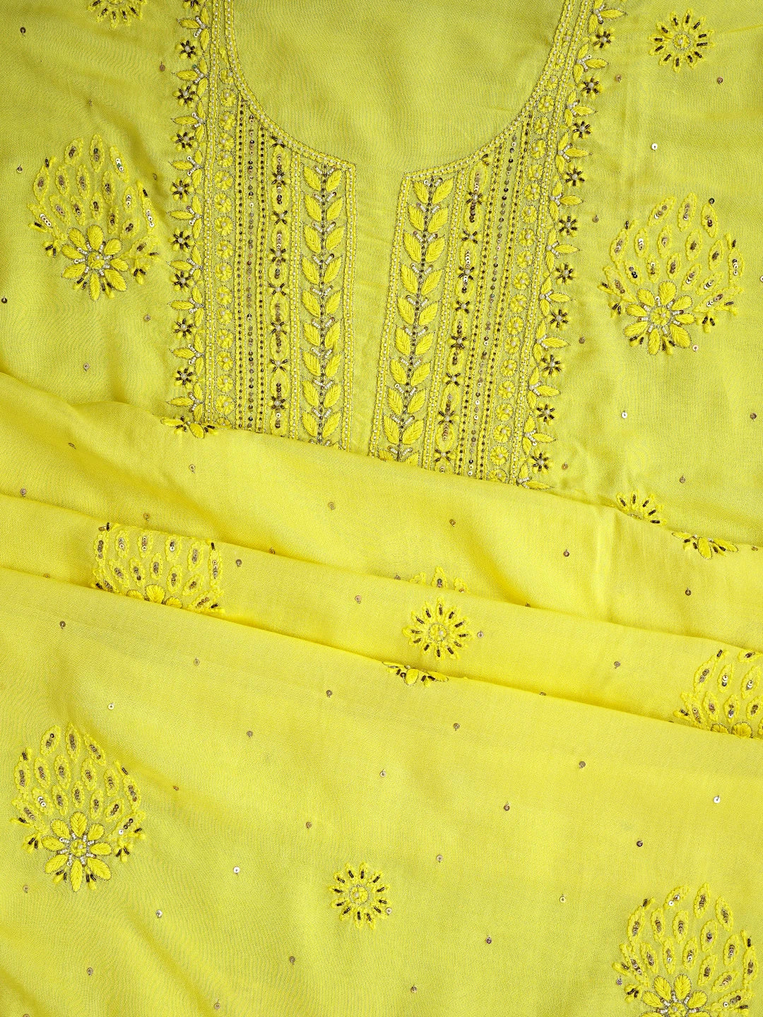 Ada Hand Embroidered Yellow Modal Lucknowi Chikankari Unstitched Kurta Dupatta Set With Pearl Work 01A483585