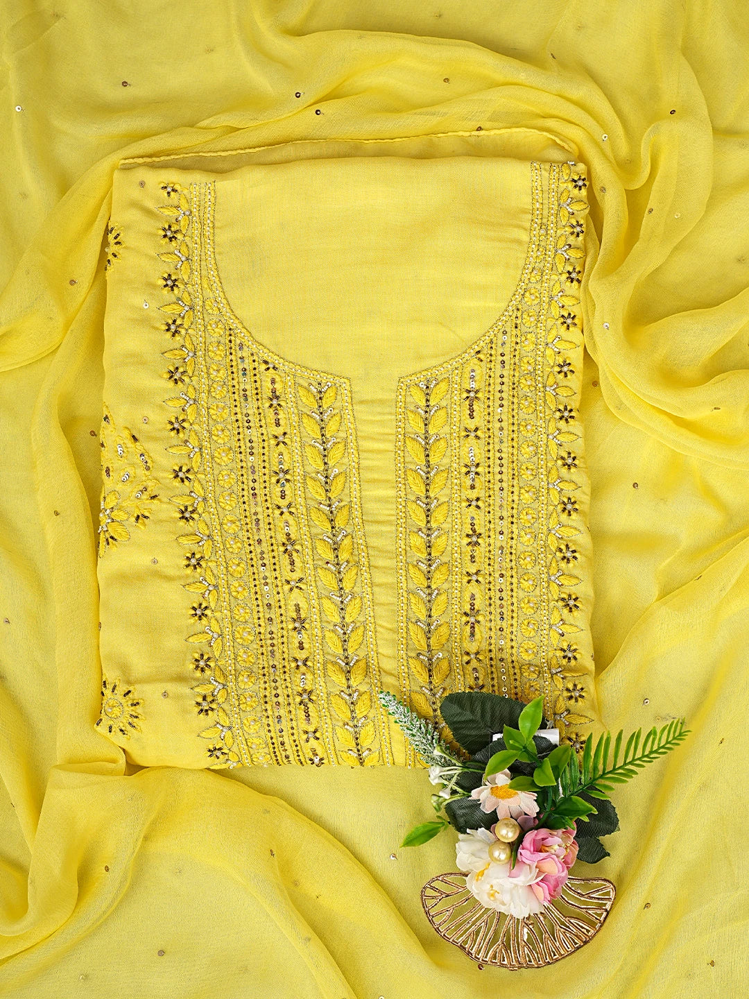 Ada Hand Embroidered Yellow Modal Lucknowi Chikankari Unstitched Kurta Dupatta Set With Pearl Work 01A483585