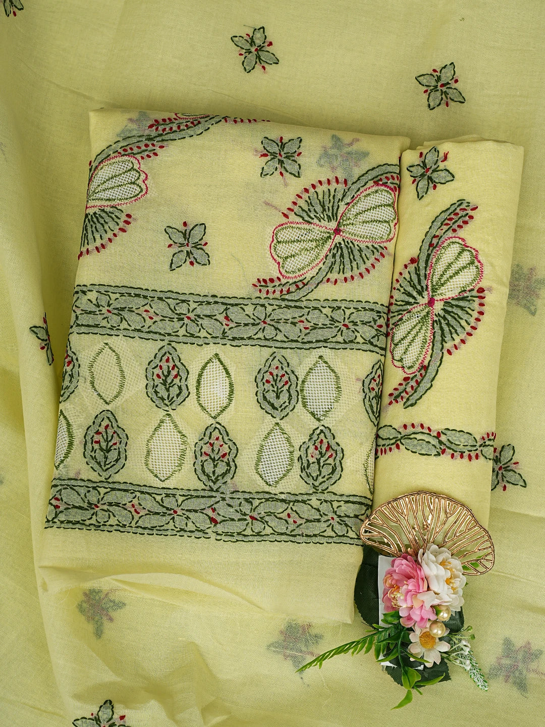 Ada Hand Embroidered Lemon Cotton Lucknowi Chikankari Unstitched Suit Piece 01A853526