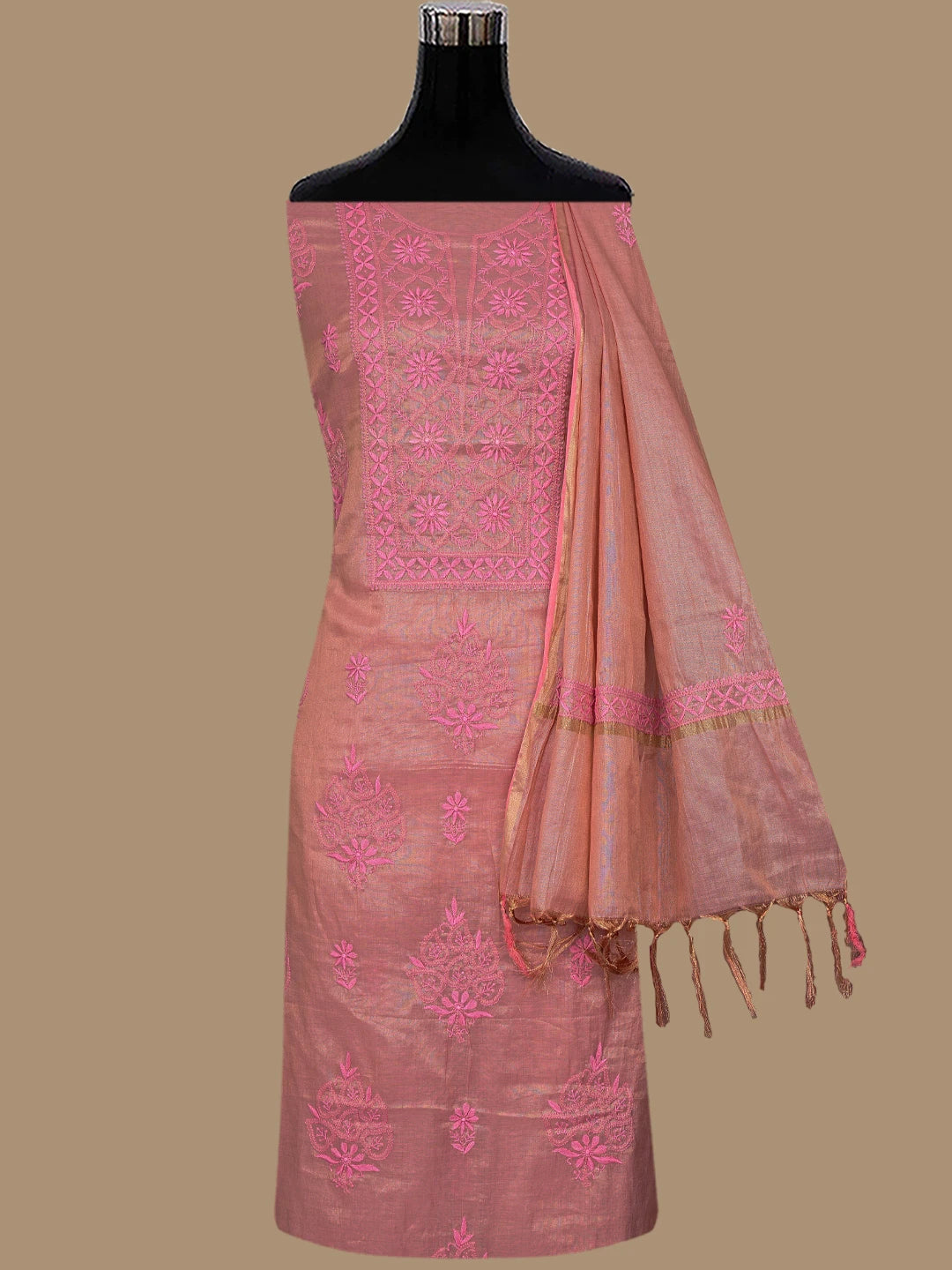 Ada Hand Embroidered Candy Pink Tissue Lucknowi Chikankari Unstitched Kurta Dupatta Set 01A788946