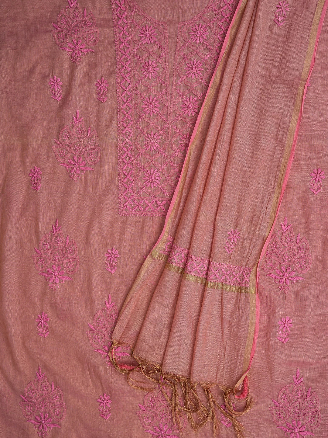 Ada Hand Embroidered Candy Pink Tissue Lucknowi Chikankari Unstitched Kurta Dupatta Set 01A788946