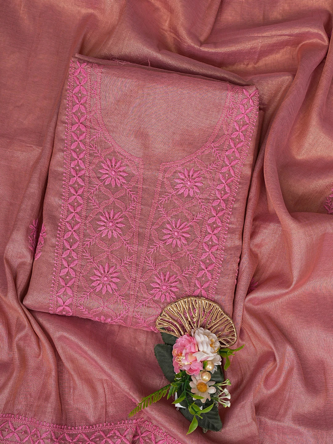 Ada Hand Embroidered Candy Pink Tissue Lucknowi Chikankari Unstitched Kurta Dupatta Set 01A788946