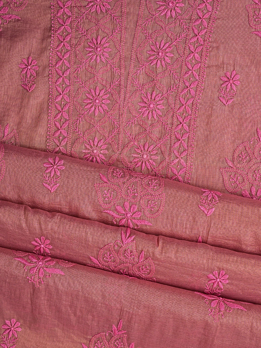 Ada Hand Embroidered Candy Pink Tissue Lucknowi Chikankari Unstitched Kurta Dupatta Set 01A788946
