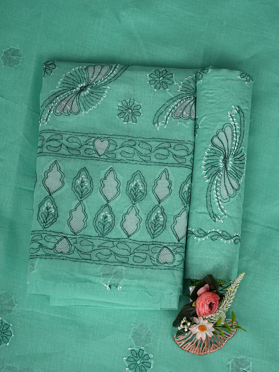 Ada Hand Embroidered Aquamarine Green Cotton Lucknowi Chikankari Unstitched Suit Piece 01A853524