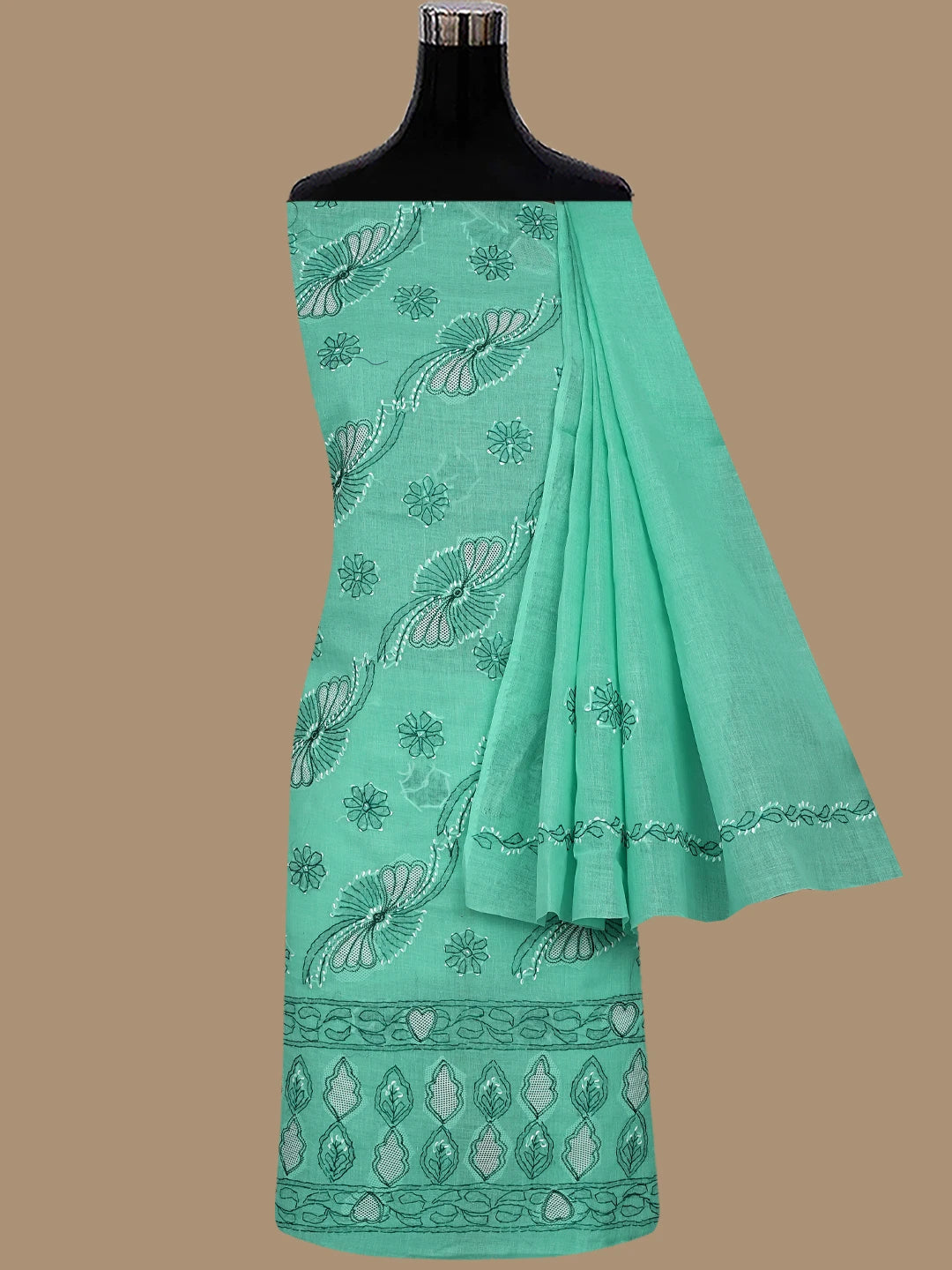 Ada Hand Embroidered Aquamarine Green Cotton Lucknowi Chikankari Unstitched Suit Piece 01A853524