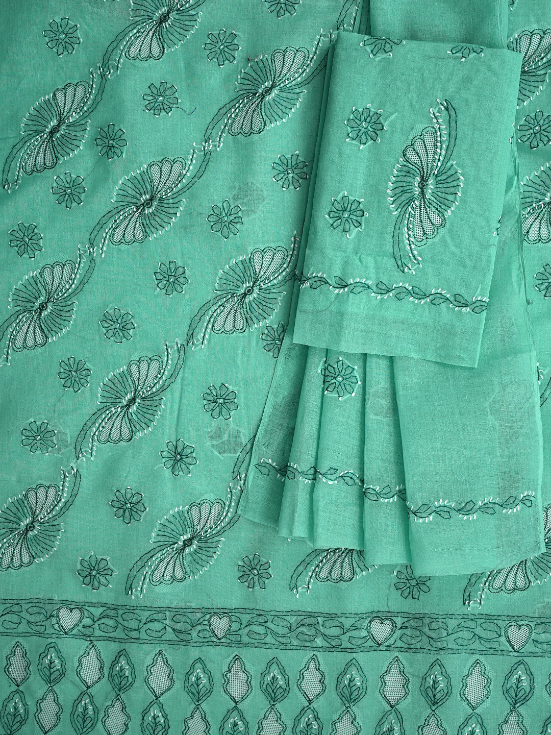 Ada Hand Embroidered Aquamarine Green Cotton Lucknowi Chikankari Unstitched Suit Piece 01A853524