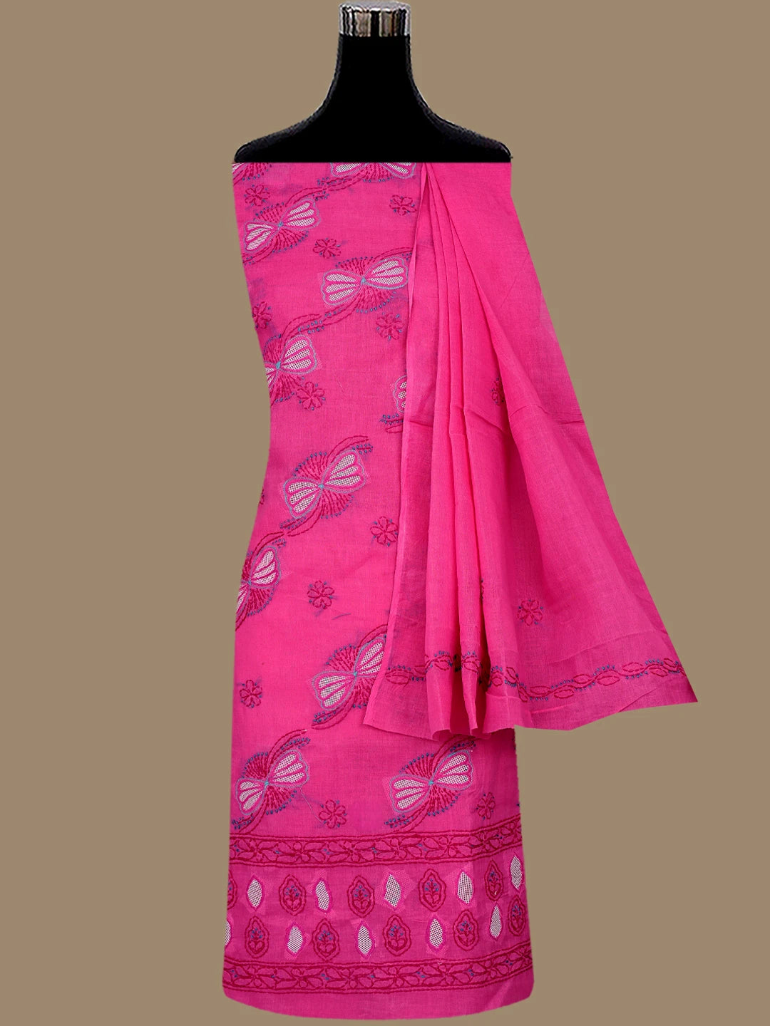 Ada Hand Embroidered Dark Magenta Cotton Lucknowi Chikankari Unstitched Suit Piece 01A853545