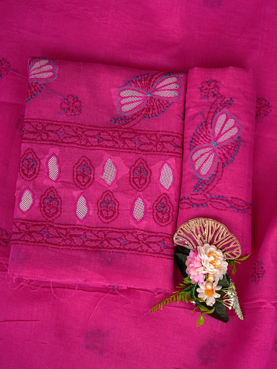 Ada Hand Embroidered Dark Magenta Cotton Lucknowi Chikankari Unstitched Suit Piece 01A853545