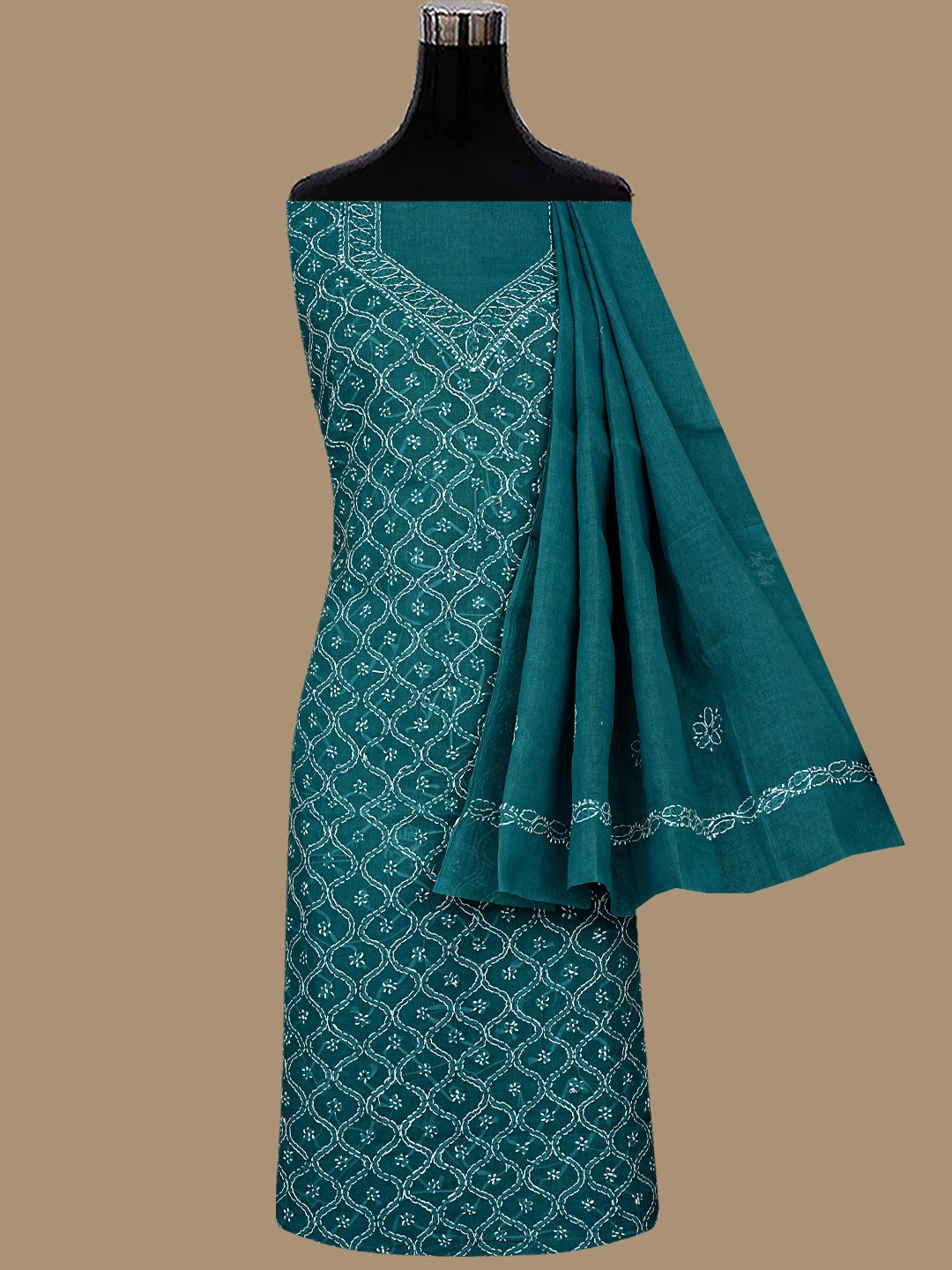 Ada Hand Embroidered Dark Rama Green Cotton Lucknowi Chikankari Unstitched Suit Piece 01A853596