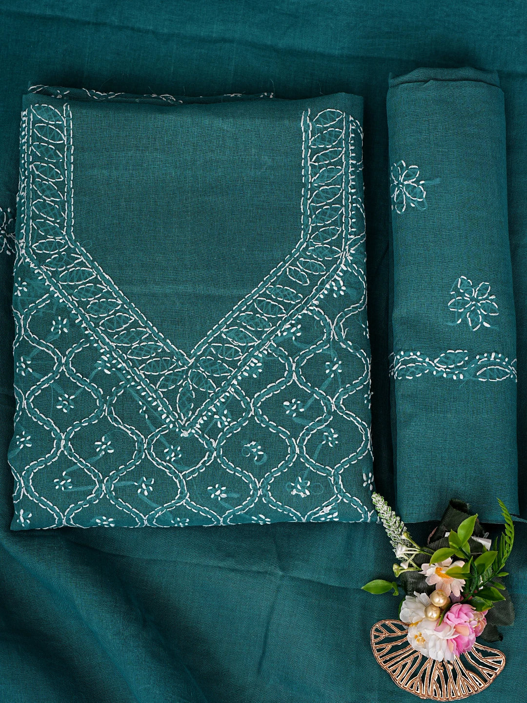Ada Hand Embroidered Dark Rama Green Cotton Lucknowi Chikankari Unstitched Suit Piece 01A853596
