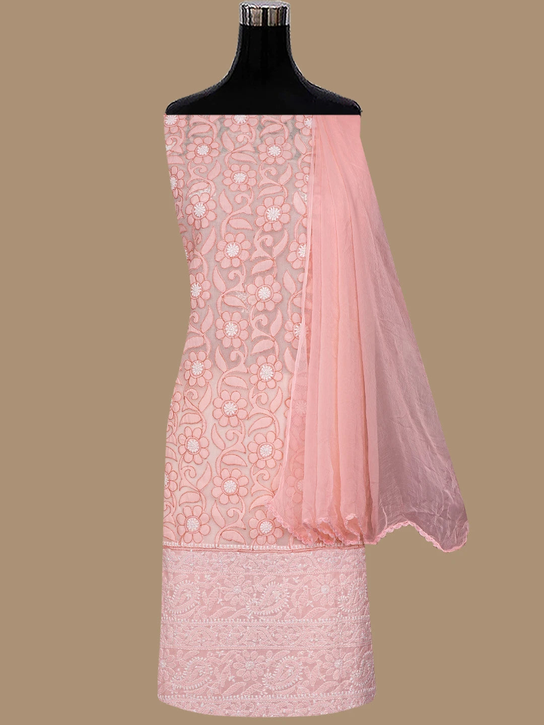 Ada Hand Embroidered Peach Cotton Lucknowi Chikankari Unstitched Suit Piece 01A821960