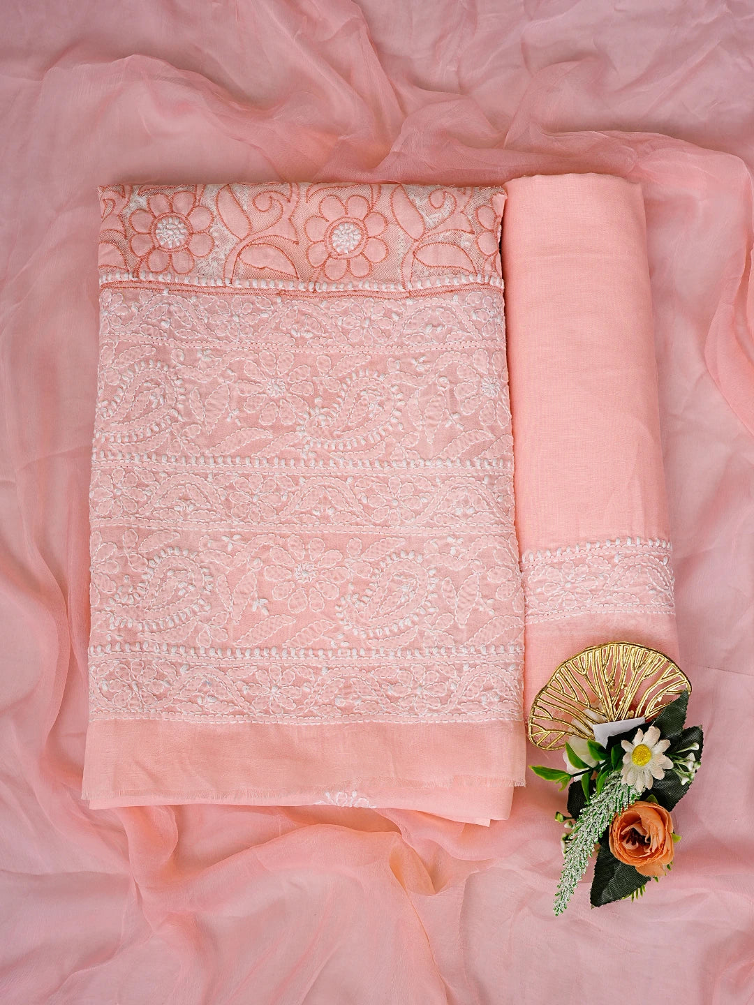 Ada Hand Embroidered Peach Cotton Lucknowi Chikankari Unstitched Suit Piece 01A821960