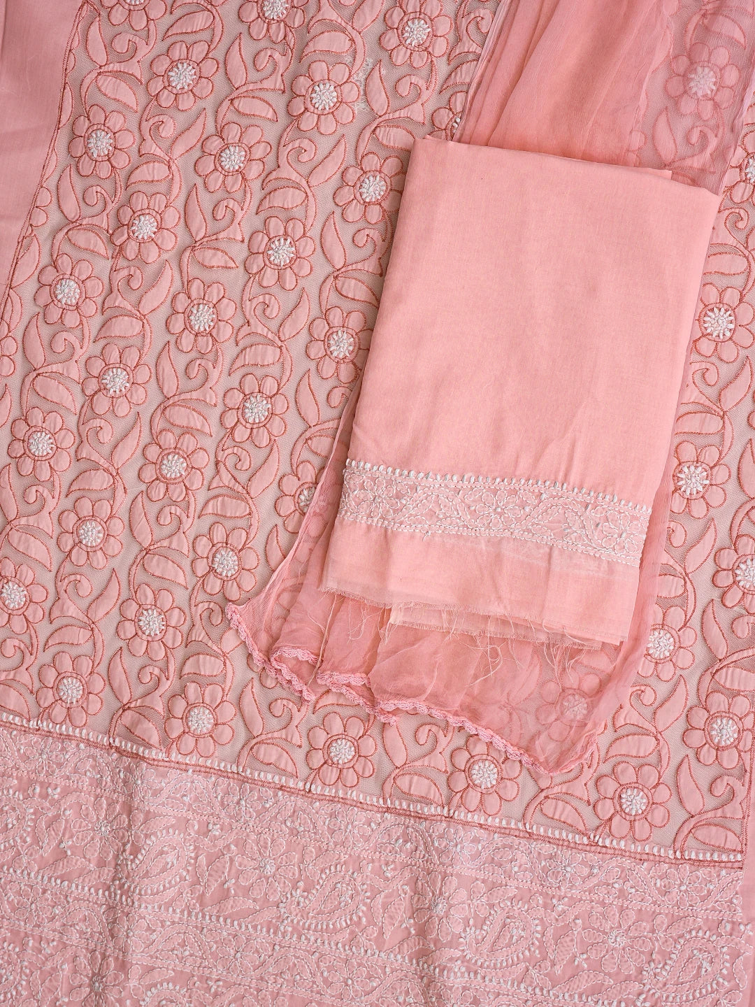 Ada Hand Embroidered Peach Cotton Lucknowi Chikankari Unstitched Suit Piece 01A821960