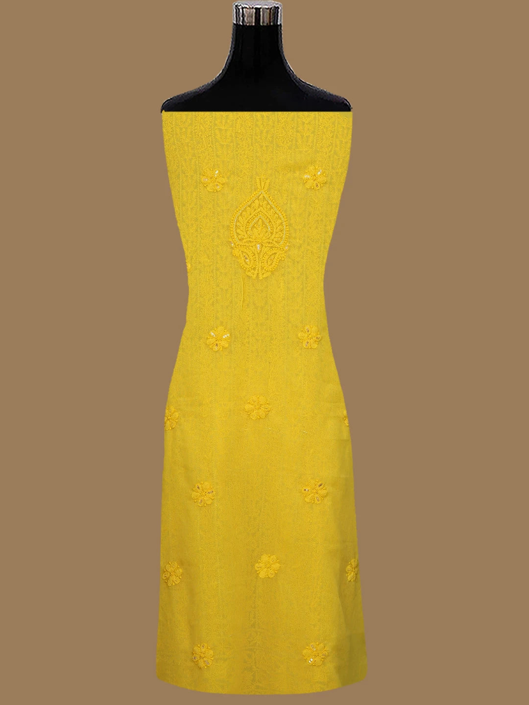 Ada Hand Embroidered Bright Yellow Georgette Lucknowi Chikankari Unstitched Suit Piece With Pearl Work 01A586350