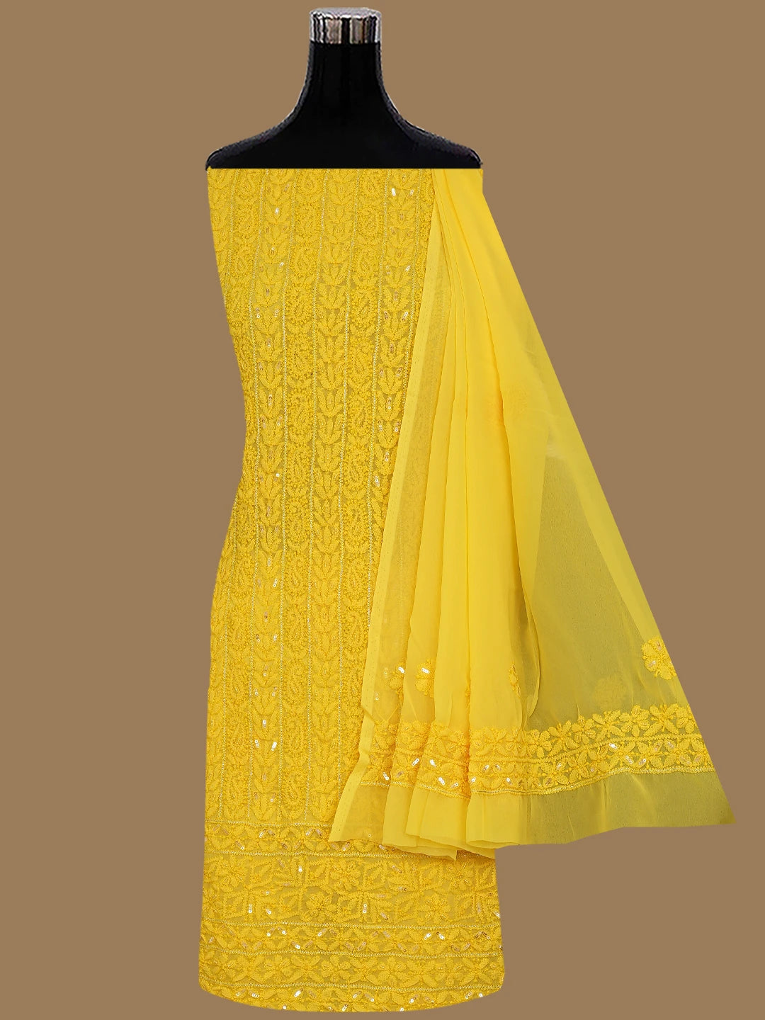 Ada Hand Embroidered Bright Yellow Georgette Lucknowi Chikankari Unstitched Suit Piece With Pearl Work 01A586350