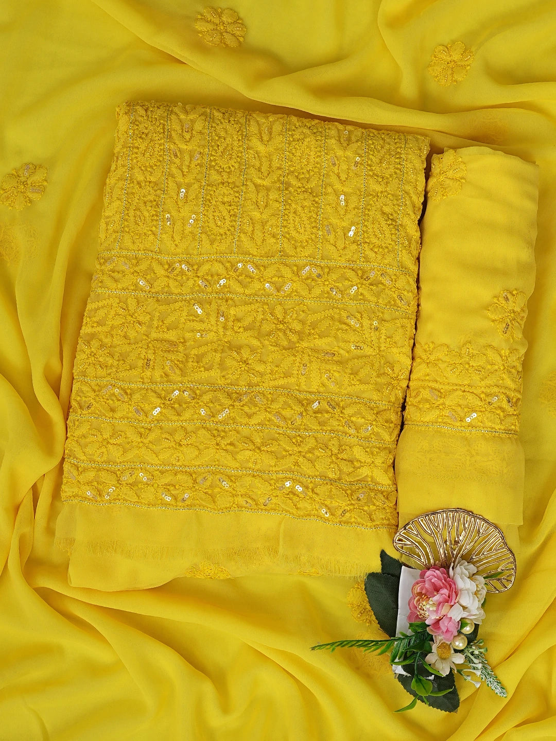 Ada Hand Embroidered Bright Yellow Georgette Lucknowi Chikankari Unstitched Suit Piece With Pearl Work 01A586350