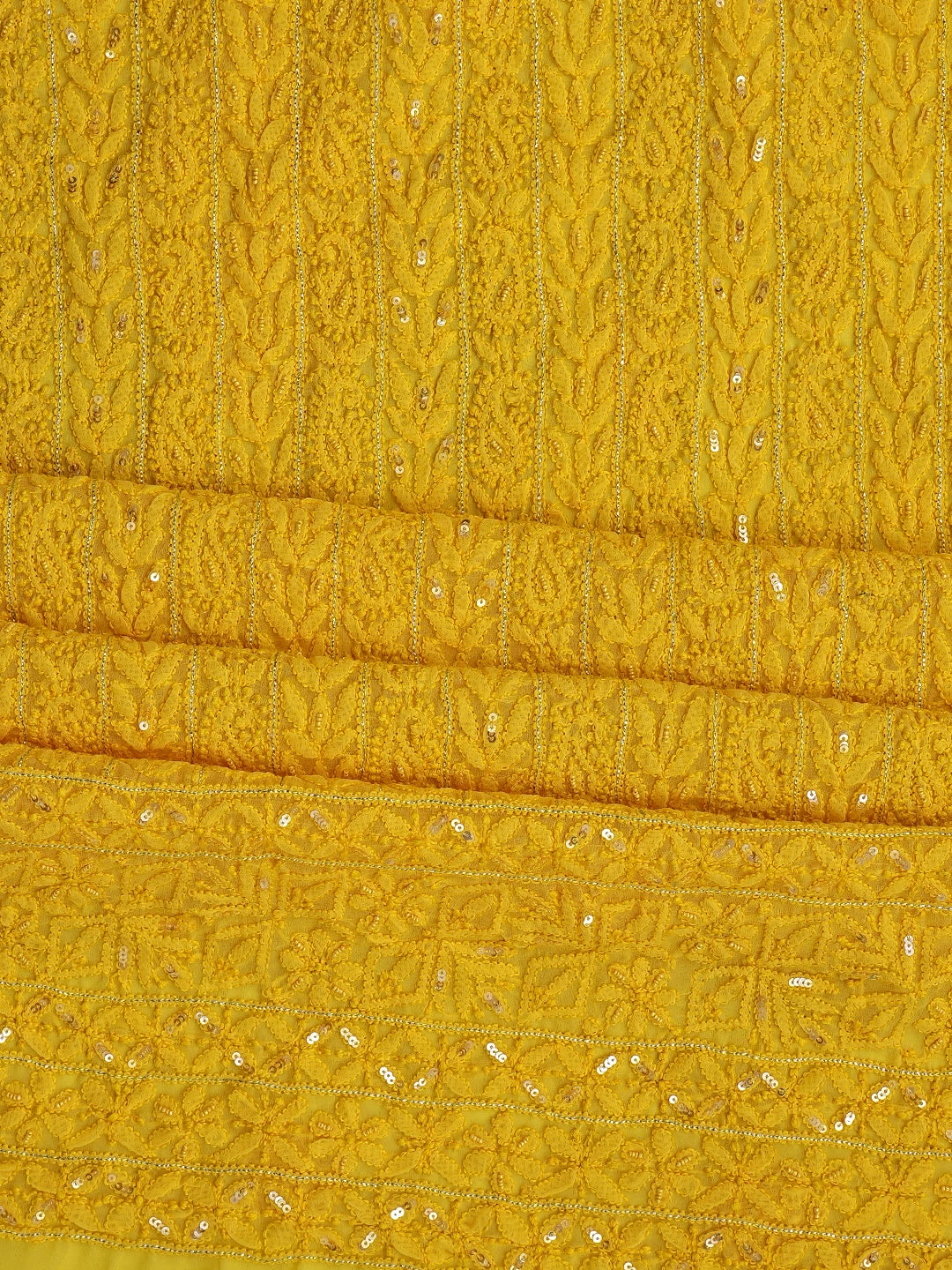 Ada Hand Embroidered Bright Yellow Georgette Lucknowi Chikankari Unstitched Suit Piece With Pearl Work 01A586350