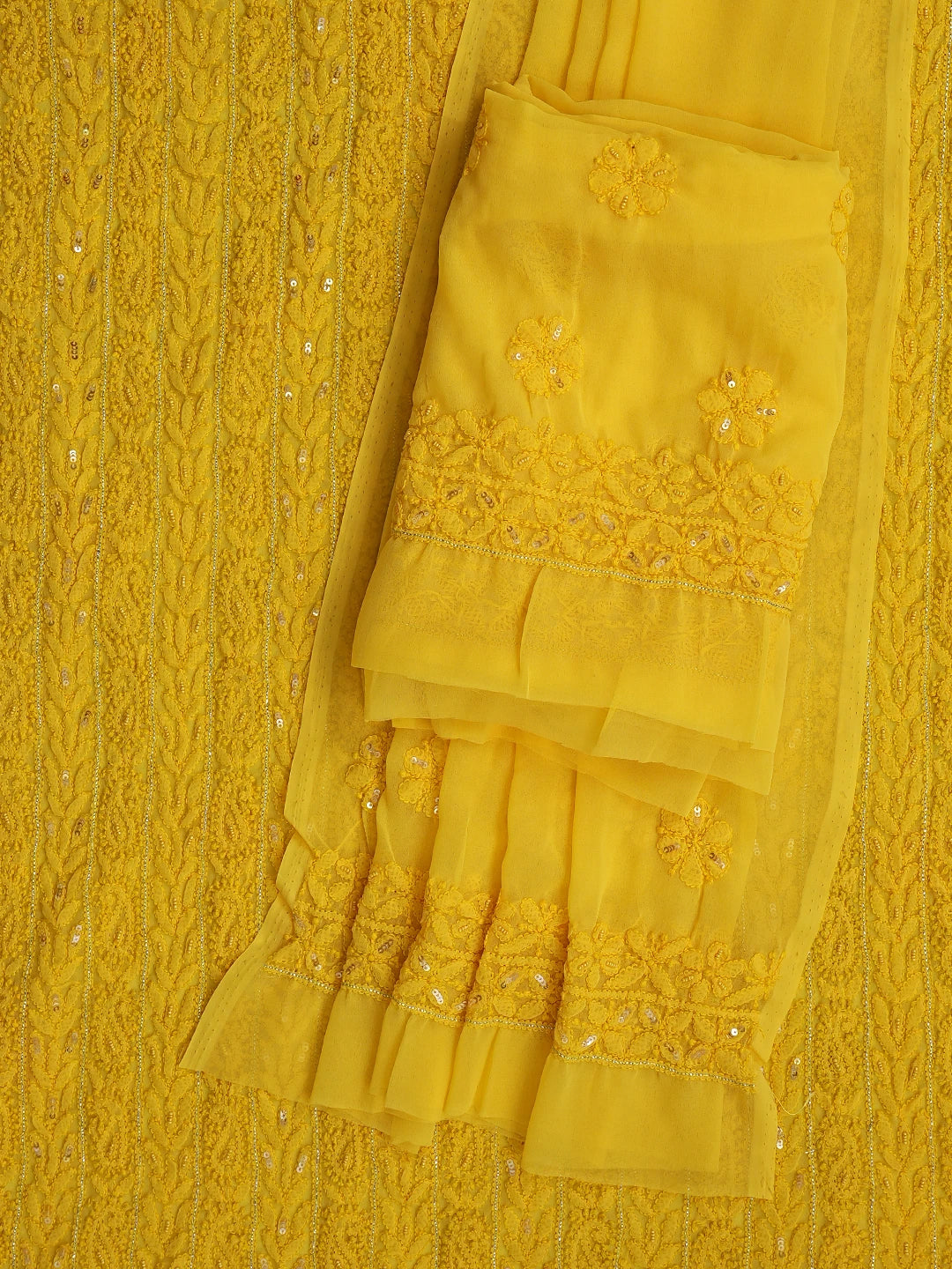 Ada Hand Embroidered Bright Yellow Georgette Lucknowi Chikankari Unstitched Suit Piece With Pearl Work 01A586350