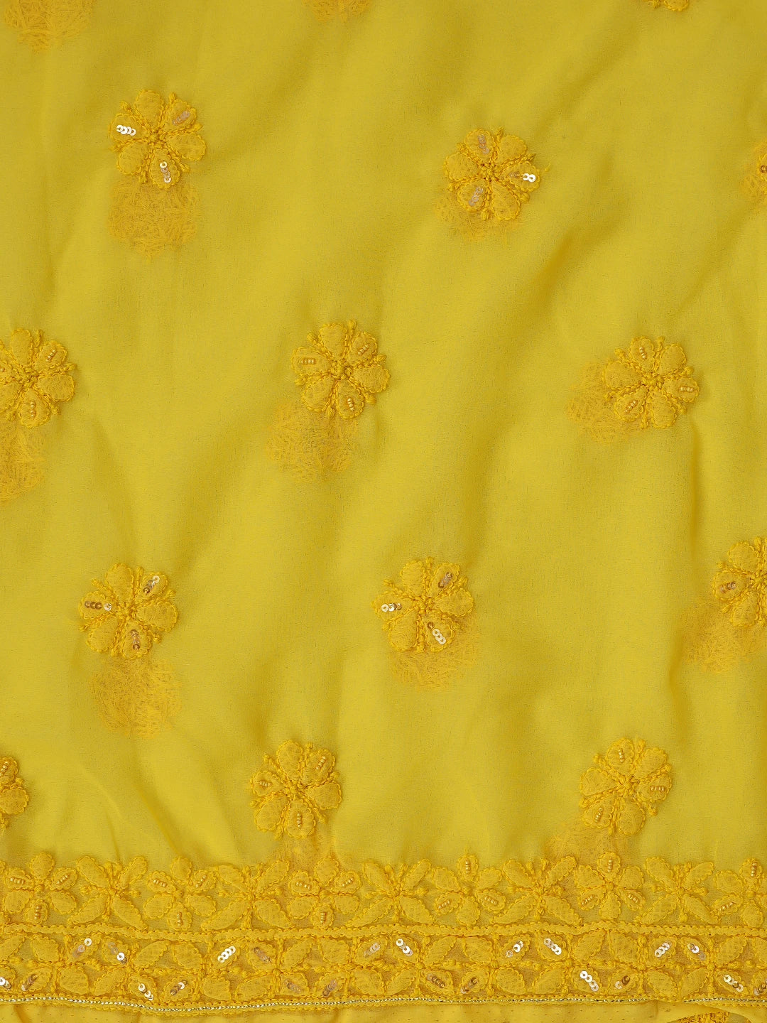 Ada Hand Embroidered Bright Yellow Georgette Lucknowi Chikankari Unstitched Suit Piece With Pearl Work 01A586350