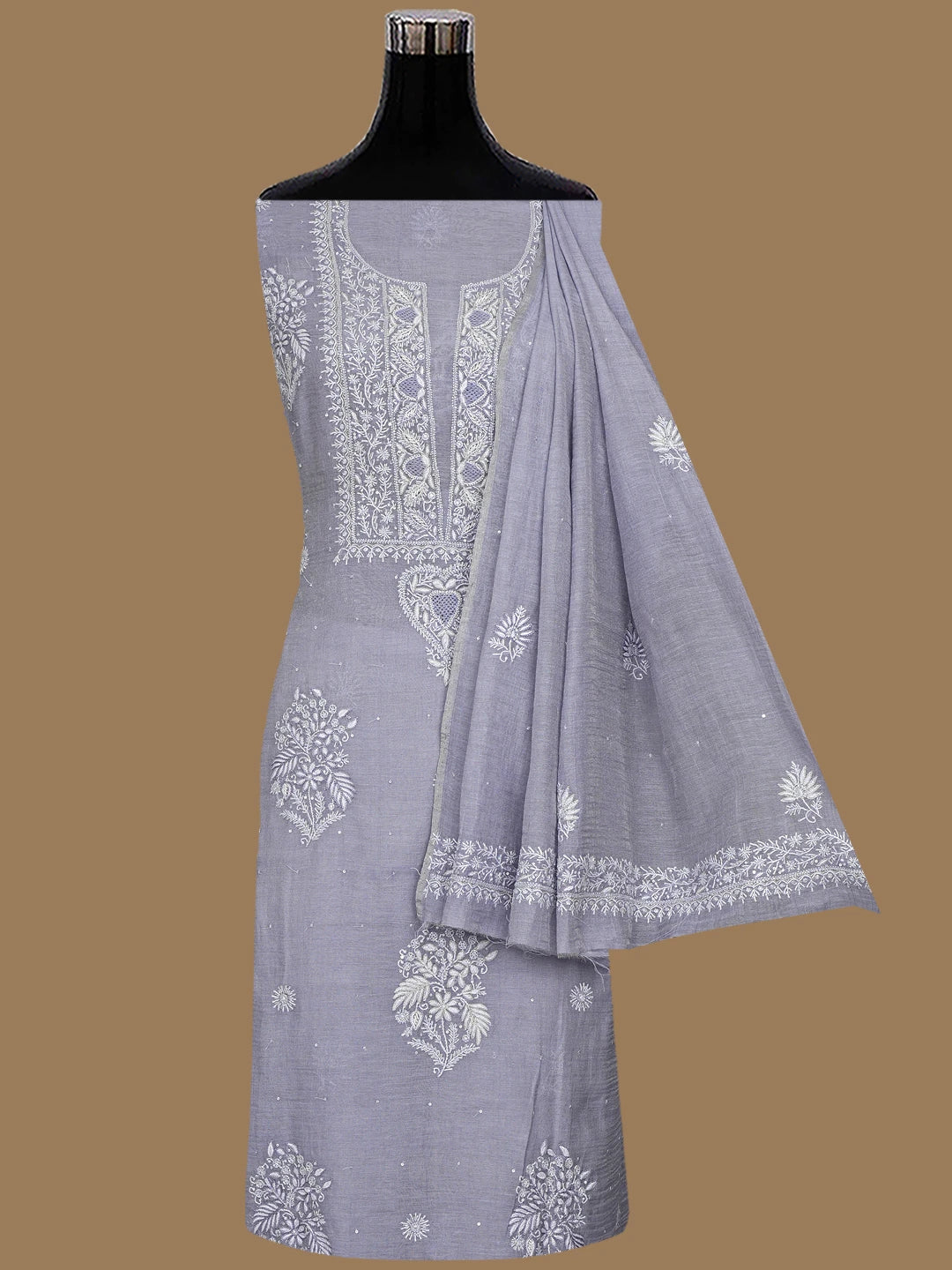Ada Hand Embroidered Grey Tissue Lucknowi Chikankari Unstitched Kurta Dupatta Set With Cutdana Work 01A718678