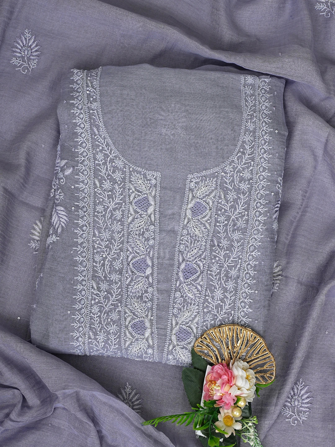 Ada Hand Embroidered Grey Tissue Lucknowi Chikankari Unstitched Kurta Dupatta Set With Cutdana Work 01A718678