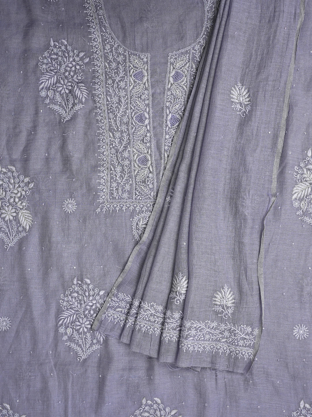 Ada Hand Embroidered Grey Tissue Lucknowi Chikankari Unstitched Kurta Dupatta Set With Cutdana Work 01A718678