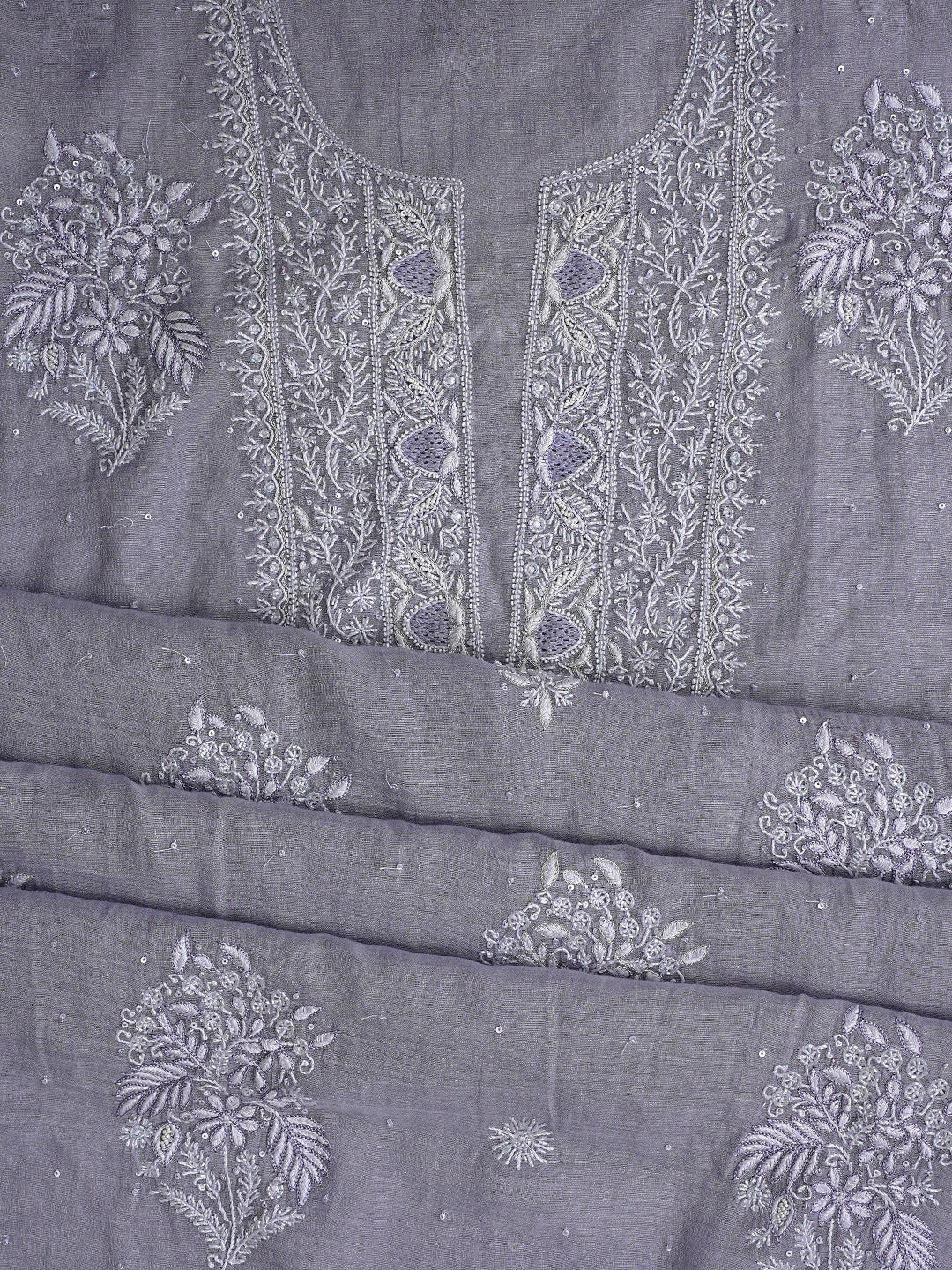 Ada Hand Embroidered Grey Tissue Lucknowi Chikankari Unstitched Kurta Dupatta Set With Cutdana Work 01A718678