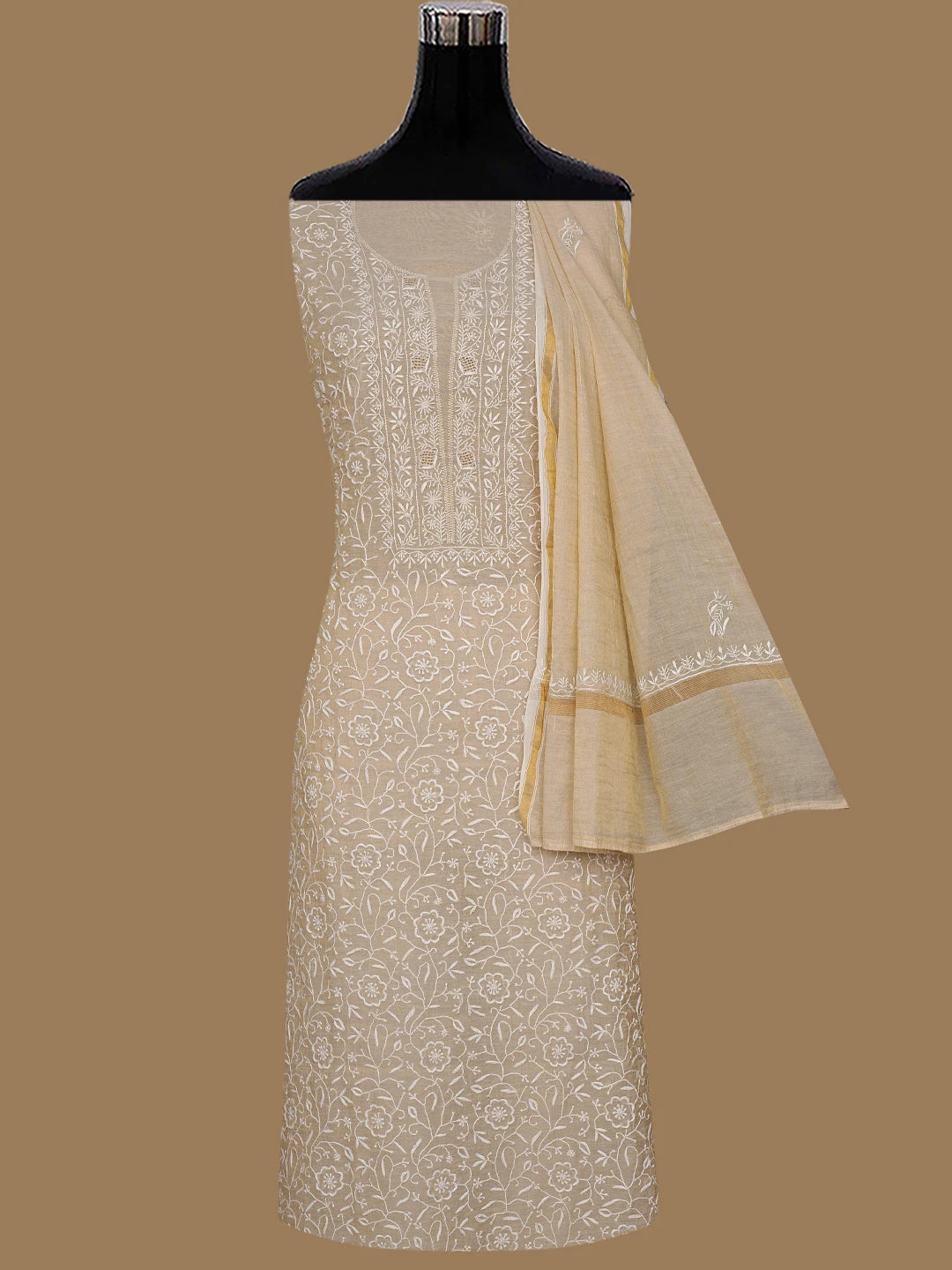 Ada Hand Embroidered Fawn Tissue Lucknowi Chikankari Unstitched Kurta Dupatta Set 01A705103