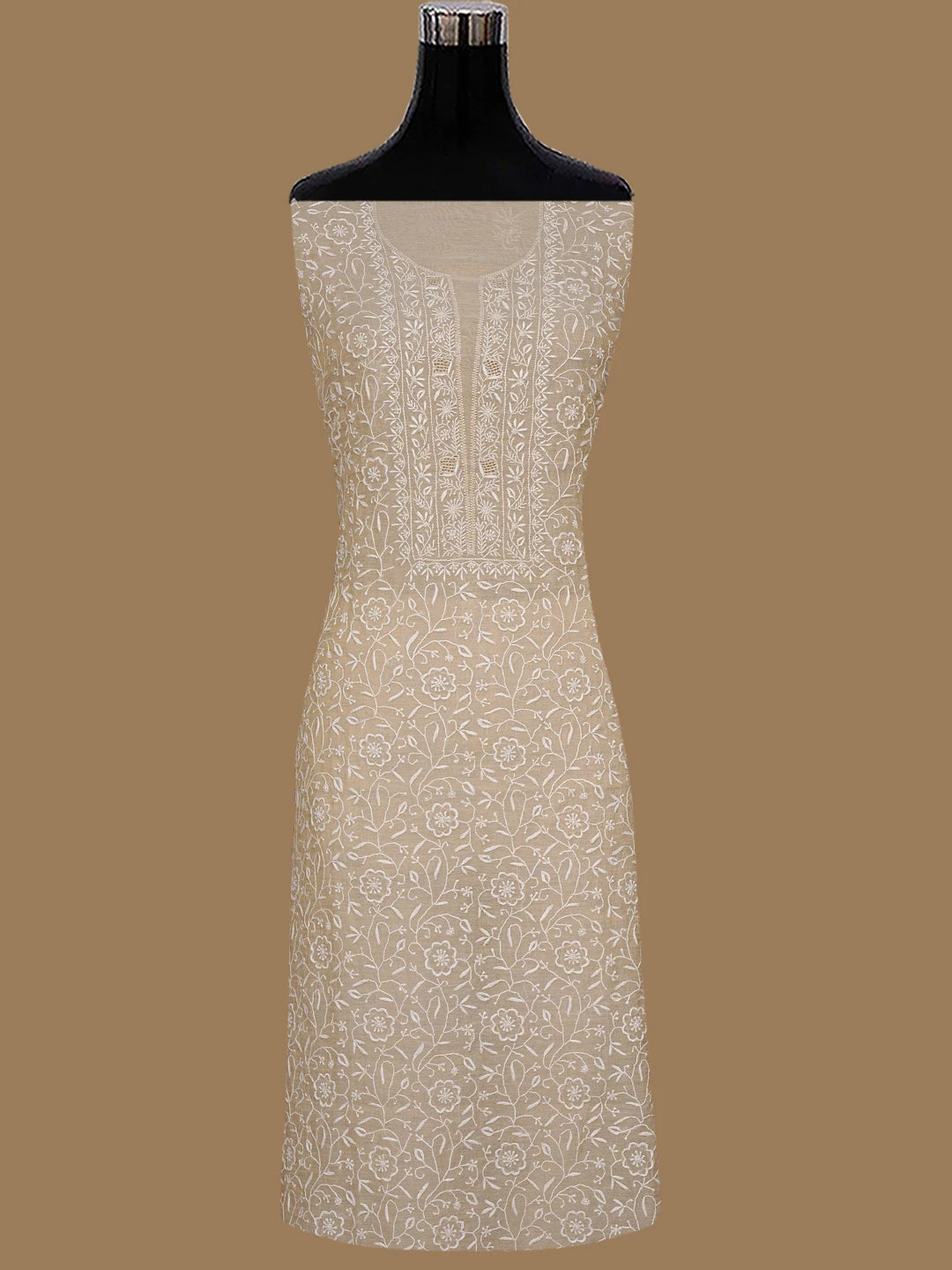 Ada Hand Embroidered Fawn Tissue Lucknowi Chikankari Unstitched Kurta Dupatta Set 01A705103