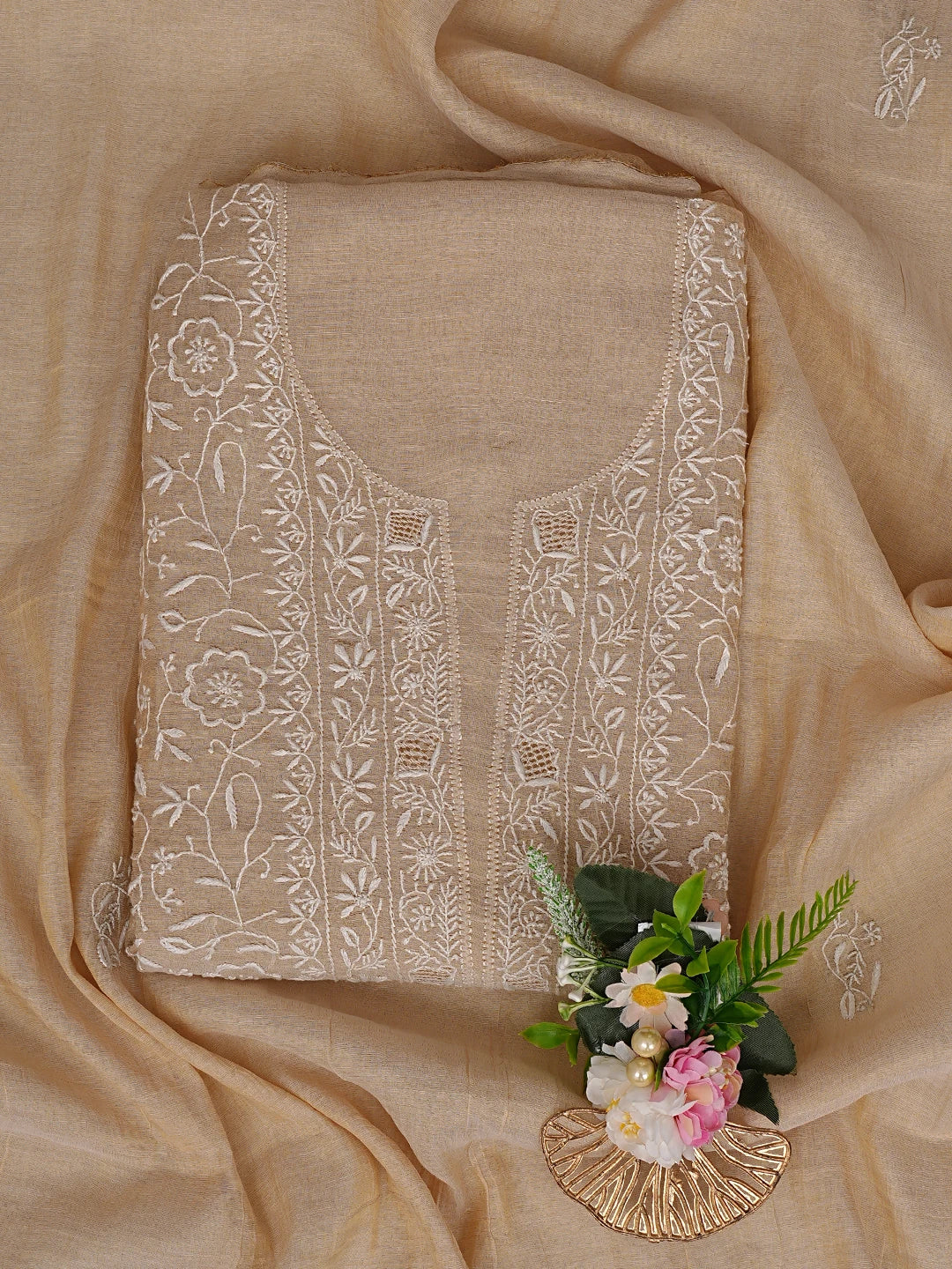 Ada Hand Embroidered Fawn Tissue Lucknowi Chikankari Unstitched Kurta Dupatta Set 01A705103