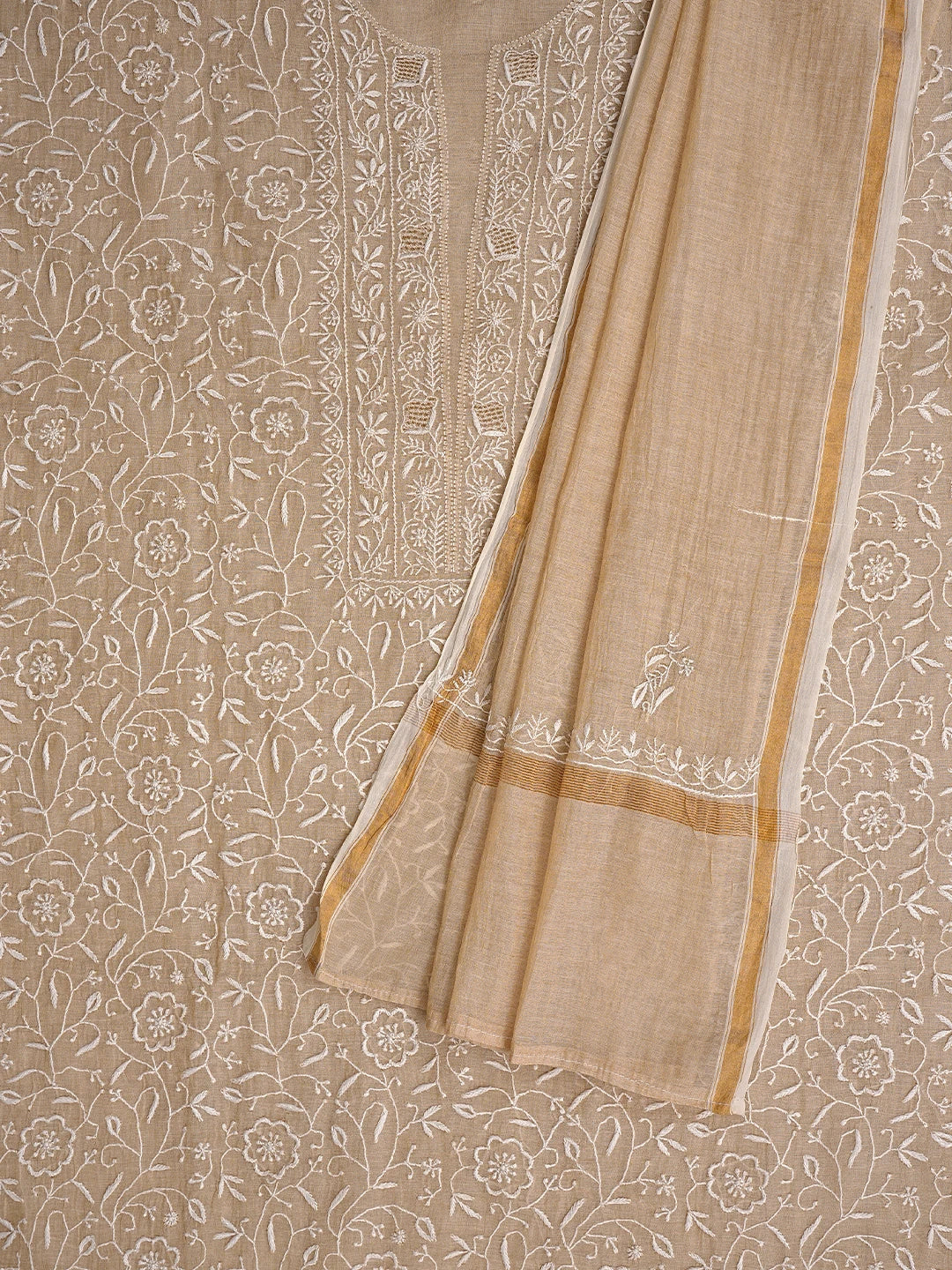 Ada Hand Embroidered Fawn Tissue Lucknowi Chikankari Unstitched Kurta Dupatta Set 01A705103