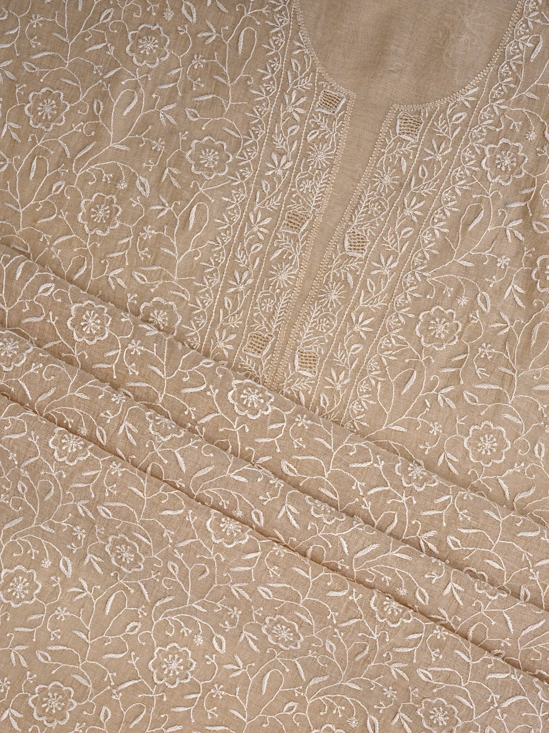 Ada Hand Embroidered Fawn Tissue Lucknowi Chikankari Unstitched Kurta Dupatta Set 01A705103