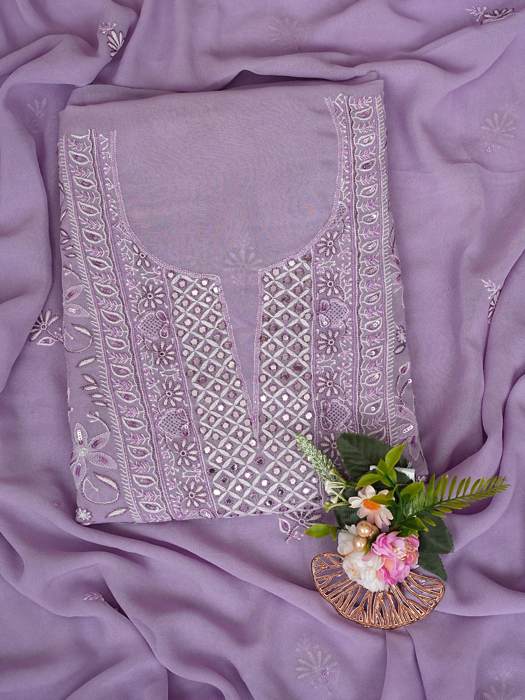 Ada Hand Embroidered Lavender Viscose Georgette Lucknowi Chikankari Unstitched Kurta Dupatta Set With Cutdana Work 01A805733